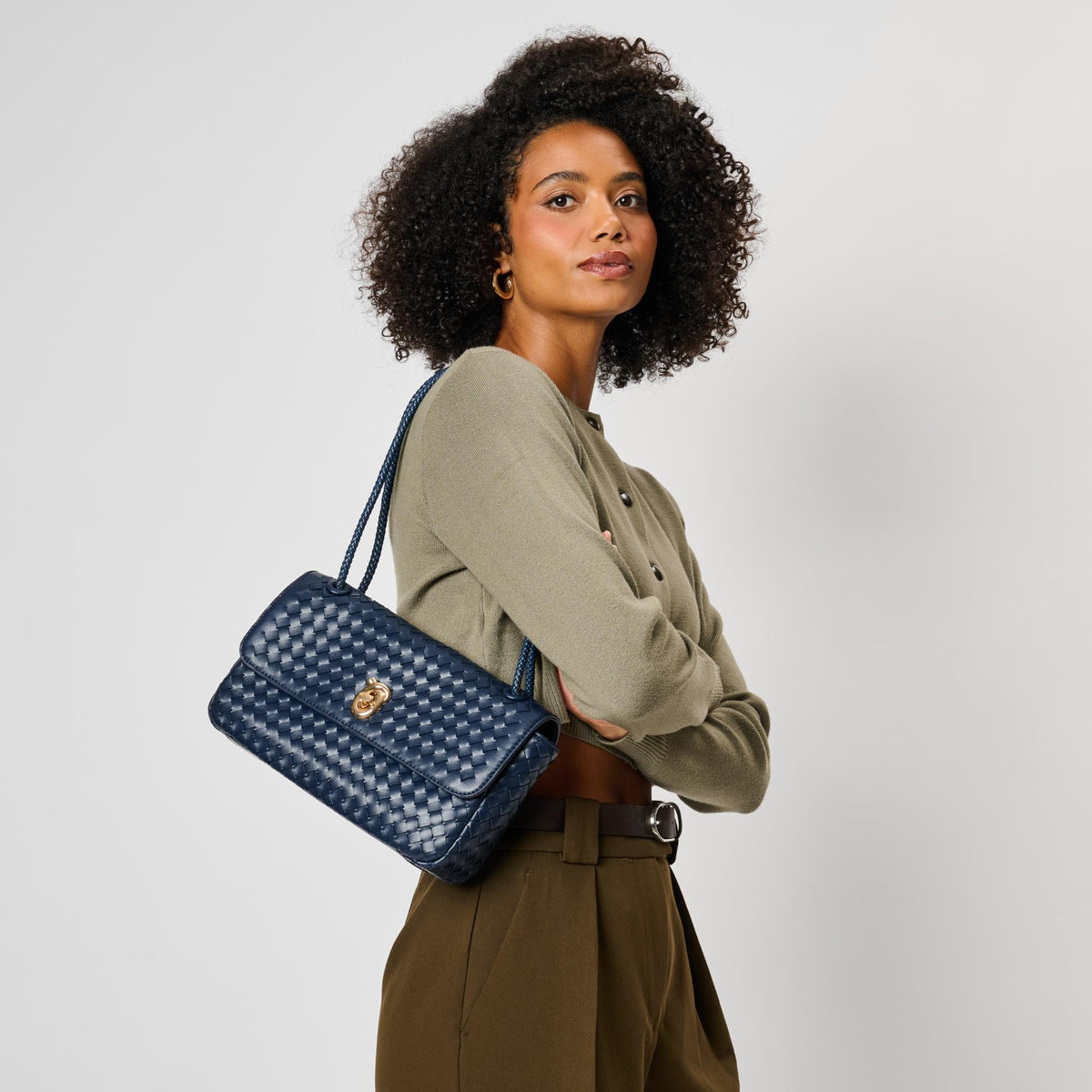 Woman wearing Navy Moda Luxe Annabelle Shoulder Bag 842017143383 View 1 | Navy