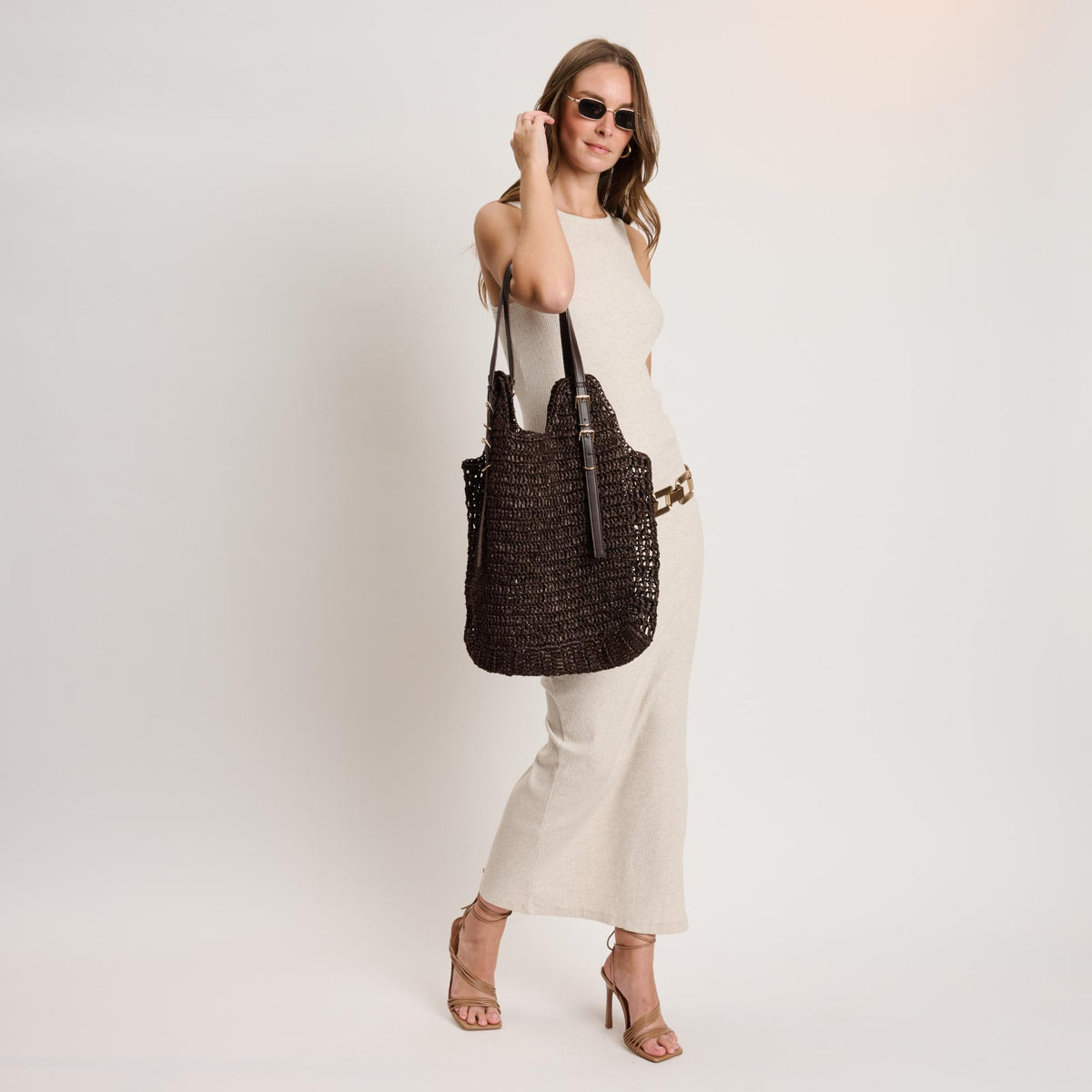 Woman wearing Chocolate Moda Luxe Reina Tote 842017140726 View 2 | Chocolate