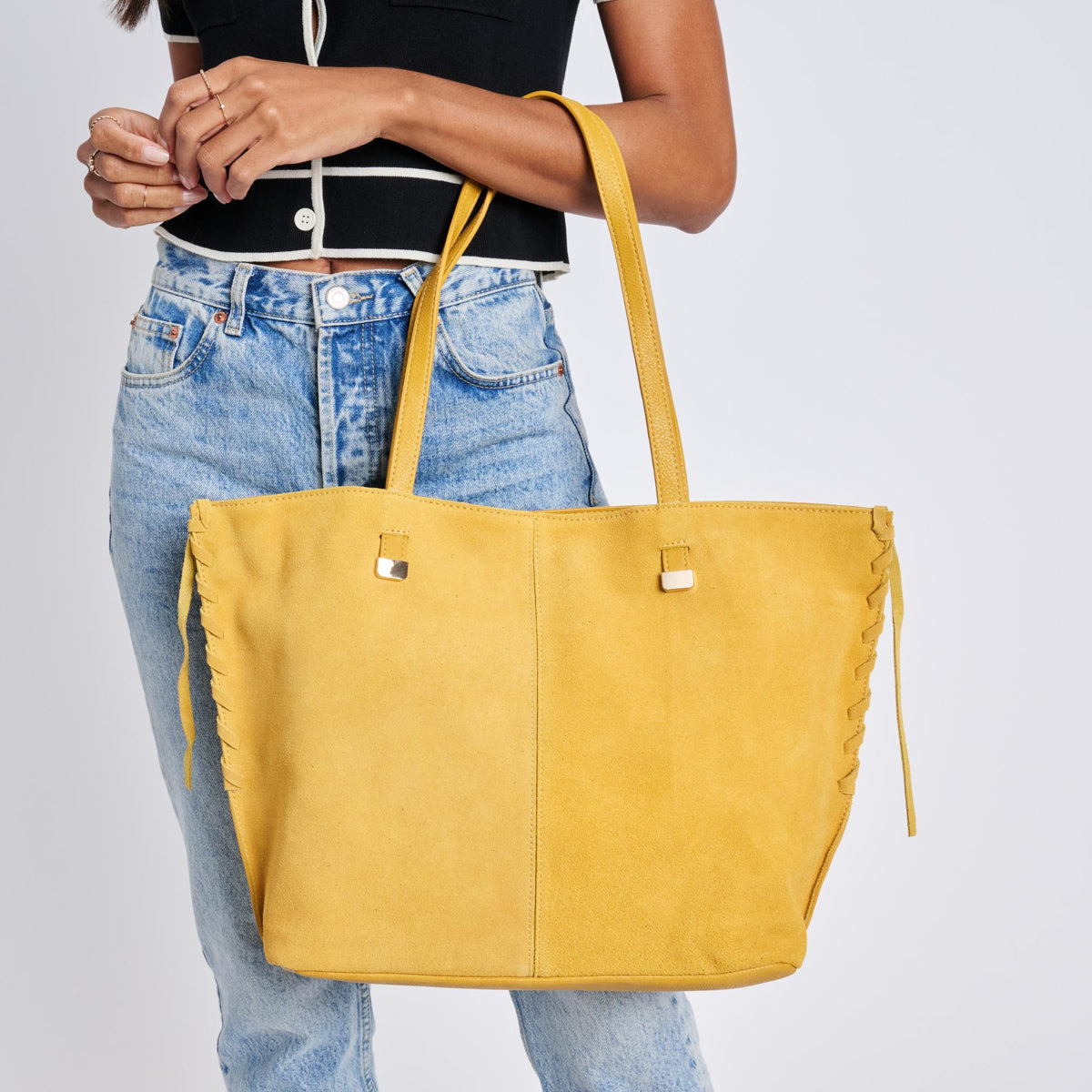 Woman wearing Honey Sol and Selene Queen Tote 842017136224 View 1 | Honey