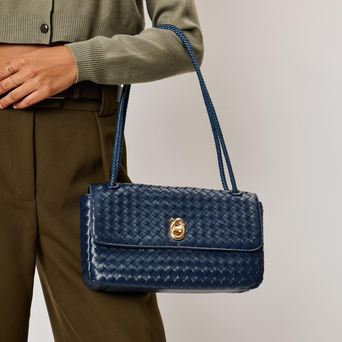 Woman wearing Navy Moda Luxe Annabelle Shoulder Bag 842017143383 View 2 | Navy