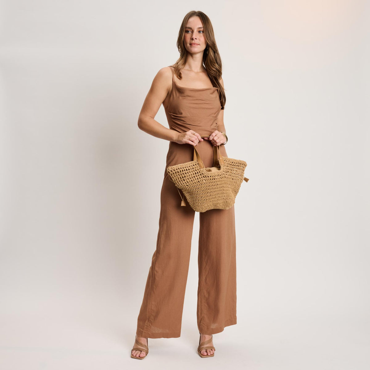 Woman wearing Natural Moda Luxe Sofia Tote 842017141006 View 2 | Natural