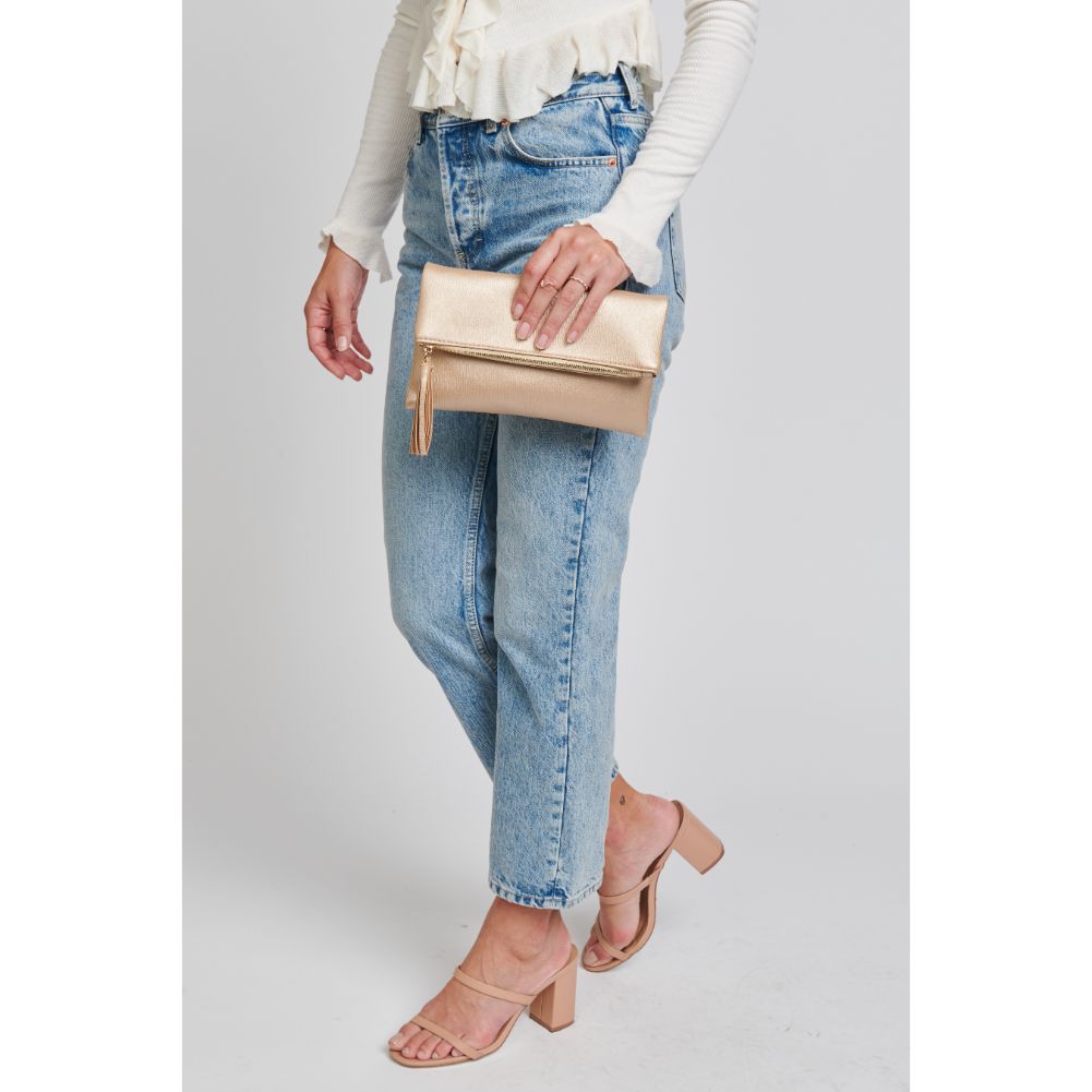 Woman wearing Gold Moda Luxe Kingsley Crossbody 842017121428 View 3 | Gold