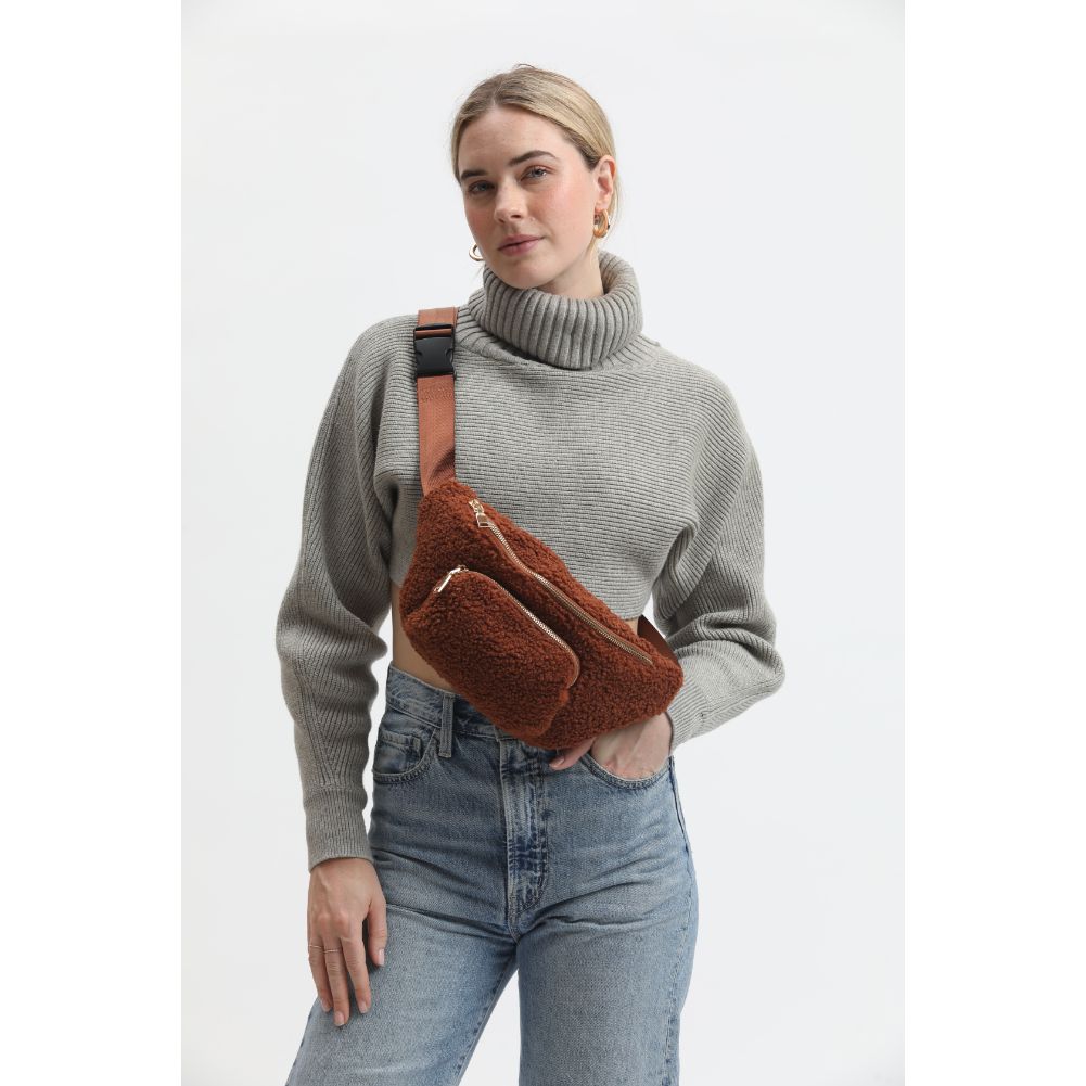 Woman wearing Tan Moda Luxe Orson Belt Bag 842017134237 View 1 | Tan