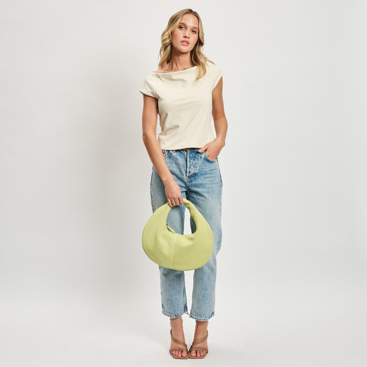 Woman wearing Pistachio Sol and Selene Farrah - Suede Hobo 842017138648 View 4 | Pistachio