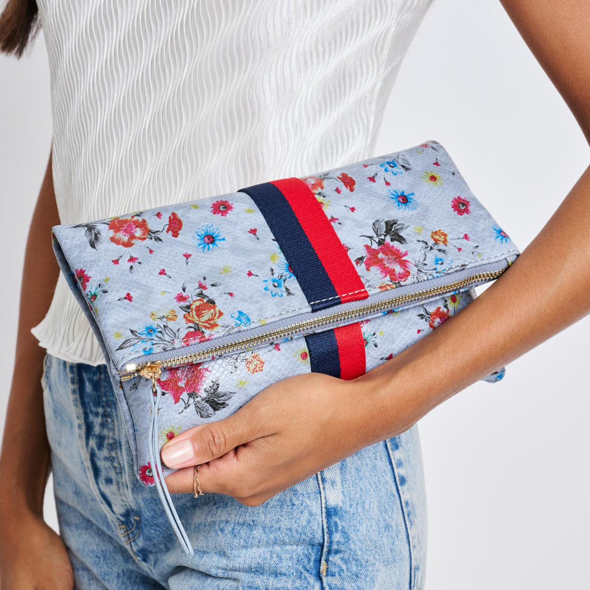 Woman wearing Blue Sol and Selene Jules Print Clutch 842017119432 View 1 | Blue