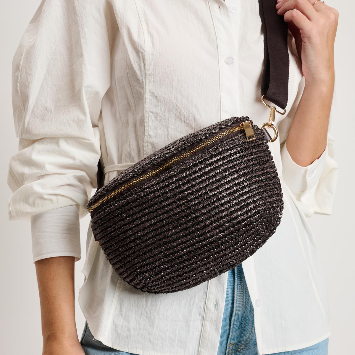 Woman wearing Chocolate Moda Luxe Gizelle - EML Belt Bag 842017141051 View 1 | Chocolate