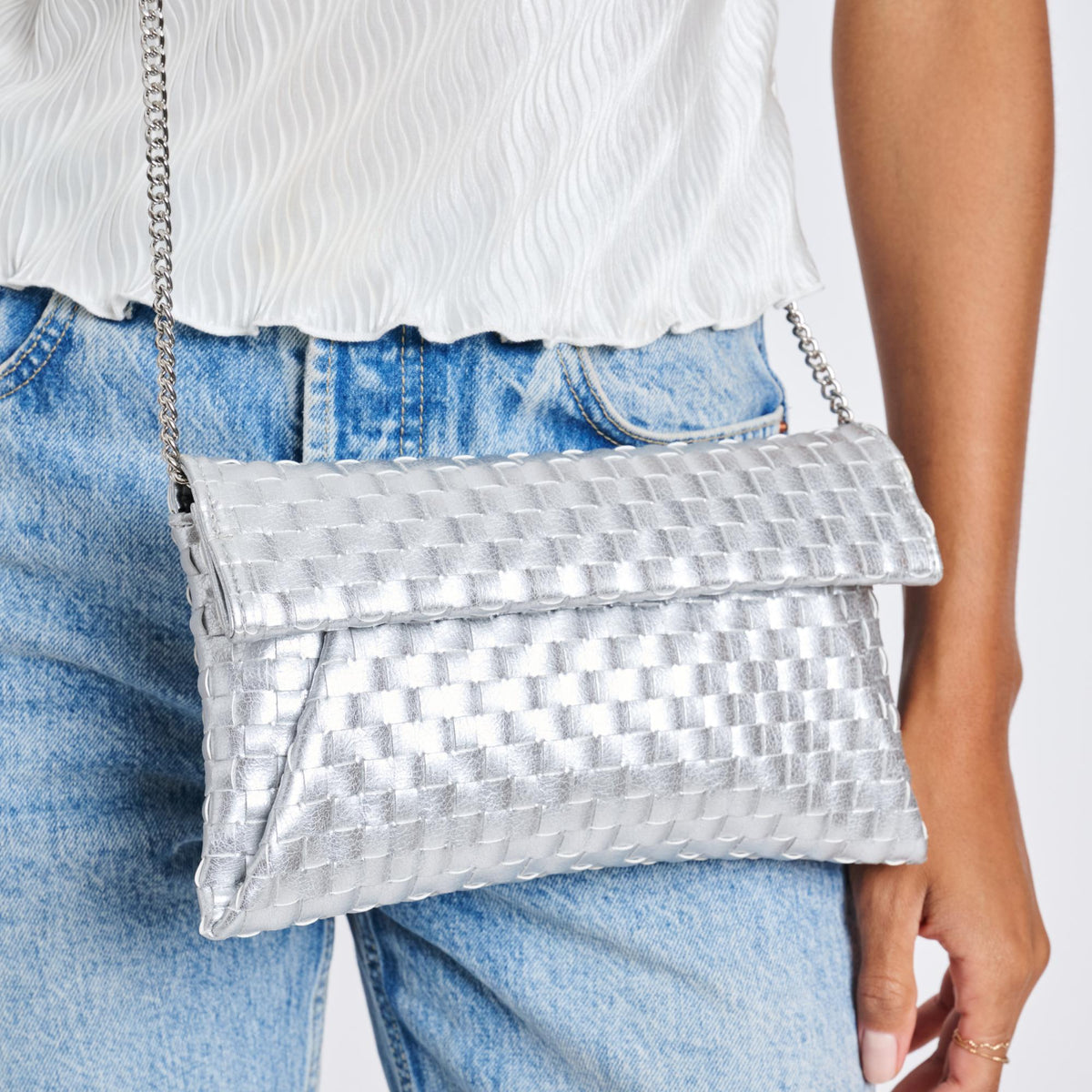 Woman wearing Silver Moda Luxe Priscilla Clutch 842017136569 View 4 | Silver