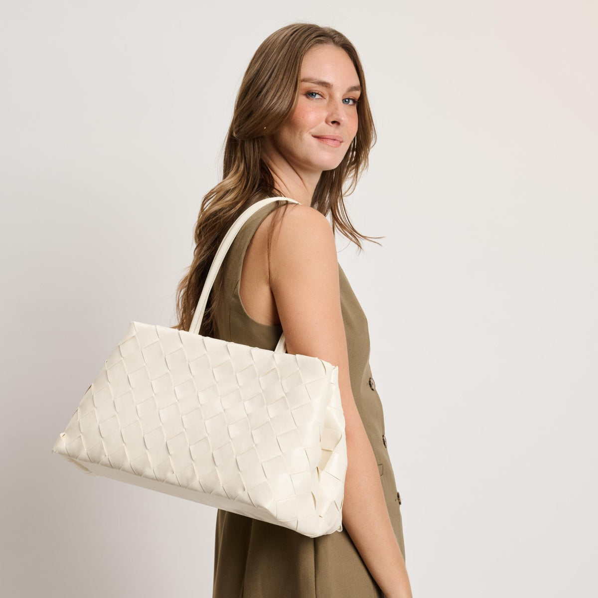 Woman wearing Cream Moda Luxe Elsy Satchel 842017140955 View 2 | Cream