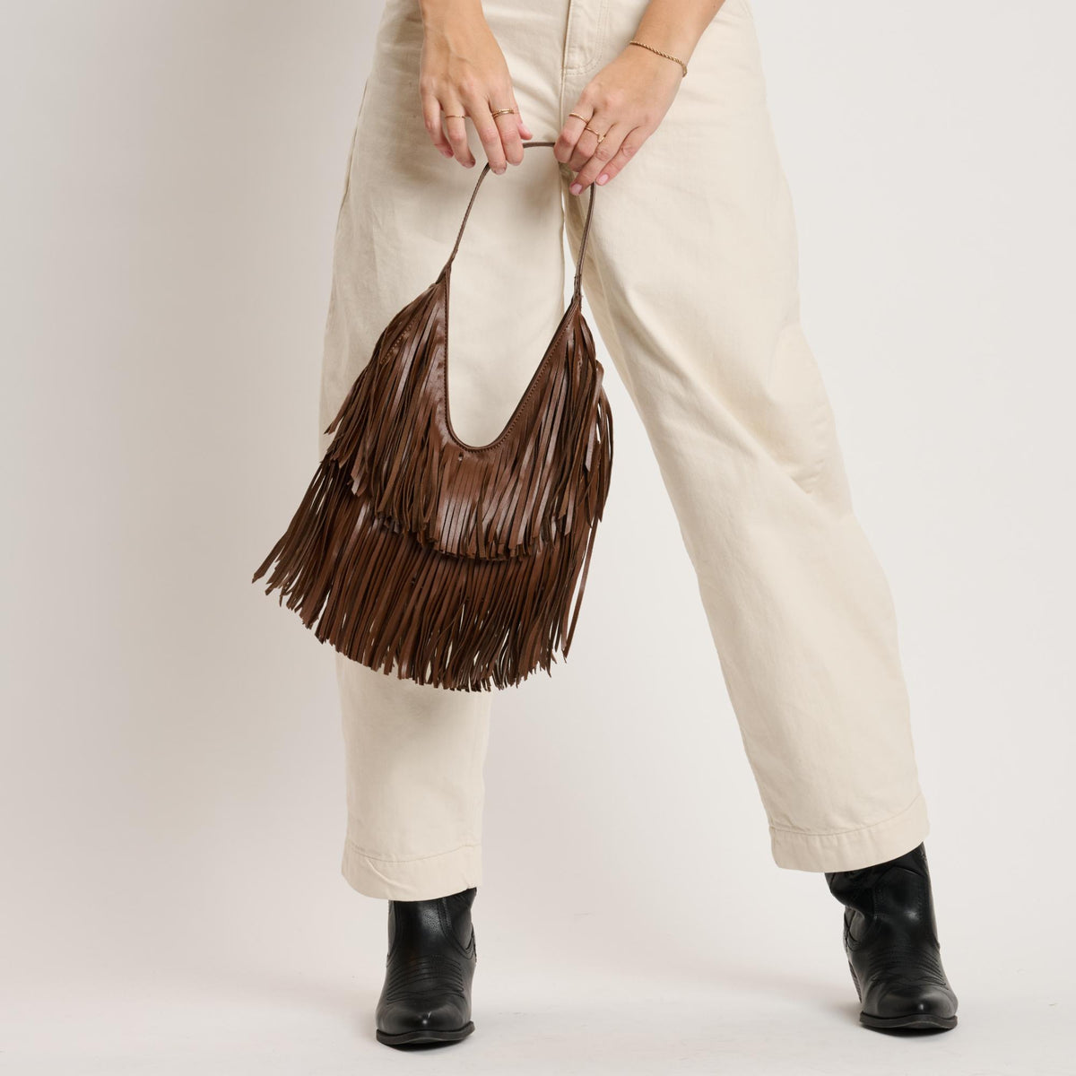 Woman wearing Chocolate Moda Luxe Stevie Hobo 842017141112 View 3 | Chocolate