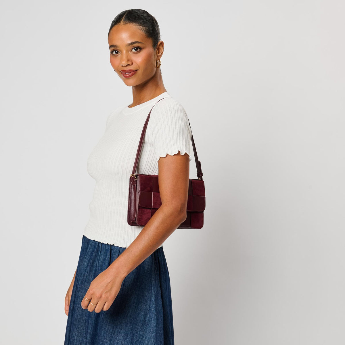 Woman wearing Burgundy Moda Luxe Tanya Crossbody 842017142928 View 3 | Burgundy