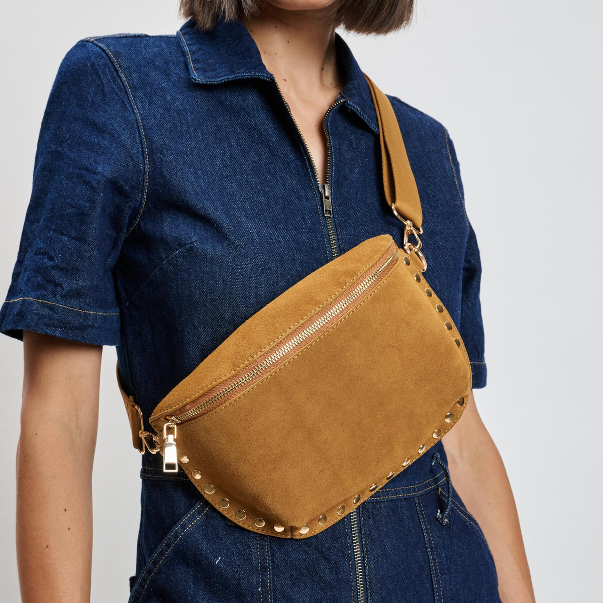 Woman wearing Tan Moda Luxe Gizelle-Suede Belt Bag 842017139676 View 1 | Tan