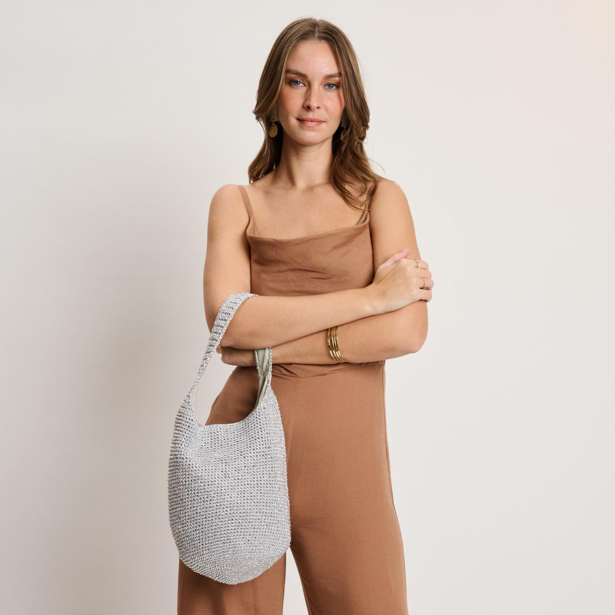 Woman wearing Silver Moda Luxe Starla Tote 842017141150 View 3 | Silver