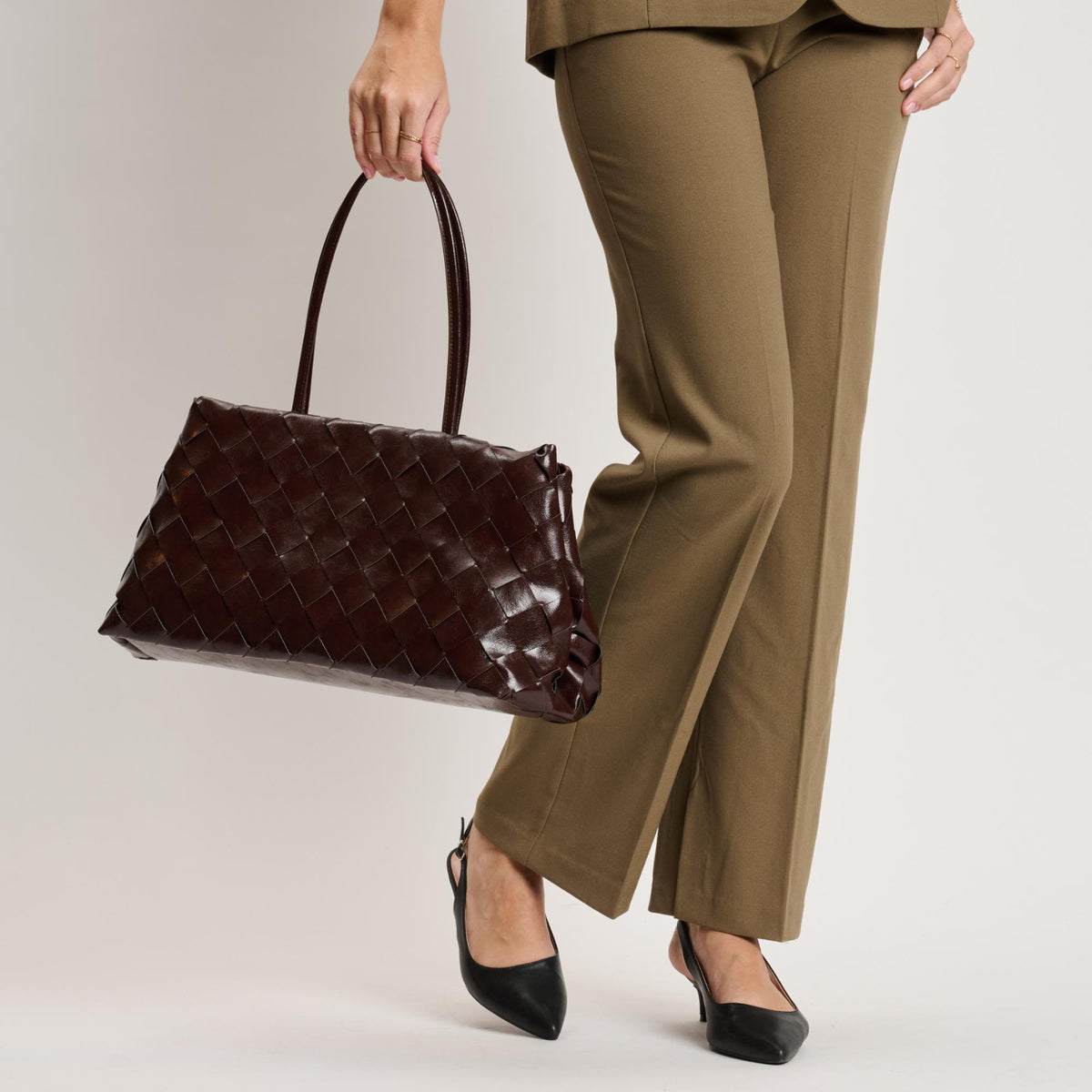 Woman wearing Espresso Moda Luxe Elsy Satchel 842017140948 View 3 | Espresso