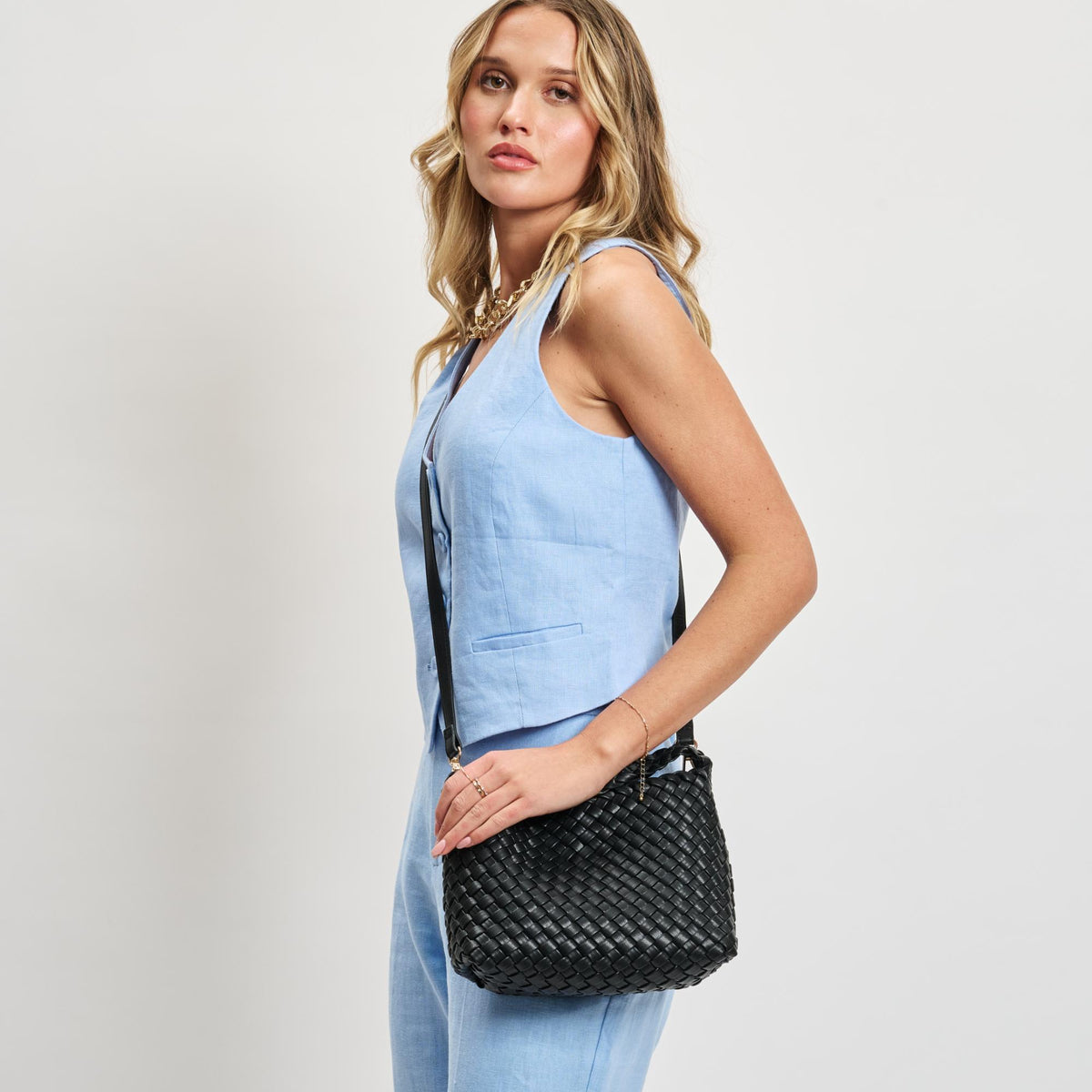 Woman wearing Black Sol and Selene Kaia Crossbody 842017137375 View 3 | Black