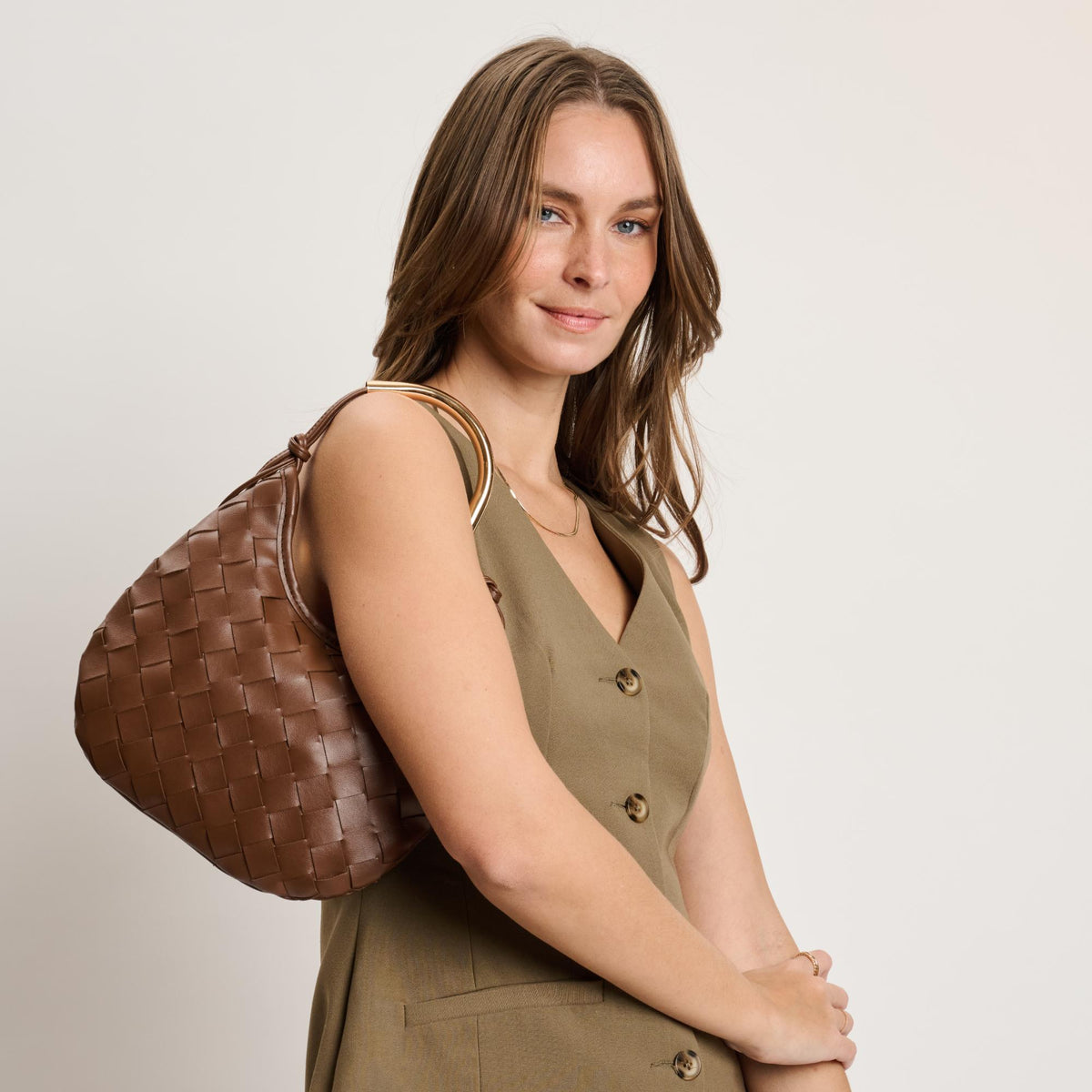 Woman wearing Chocolate Moda Luxe Lucia Hobo 842017141242 View 4 | Chocolate