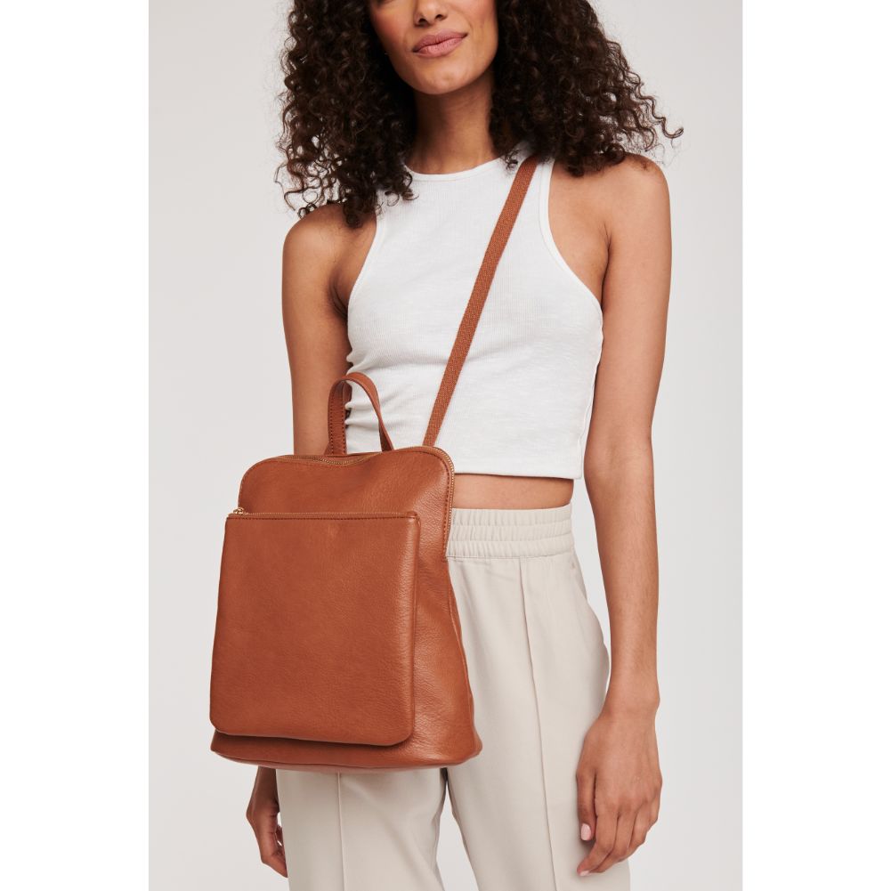 Woman wearing Tan Moda Luxe Phoebe Backpack 842017126621 View 3 | Tan