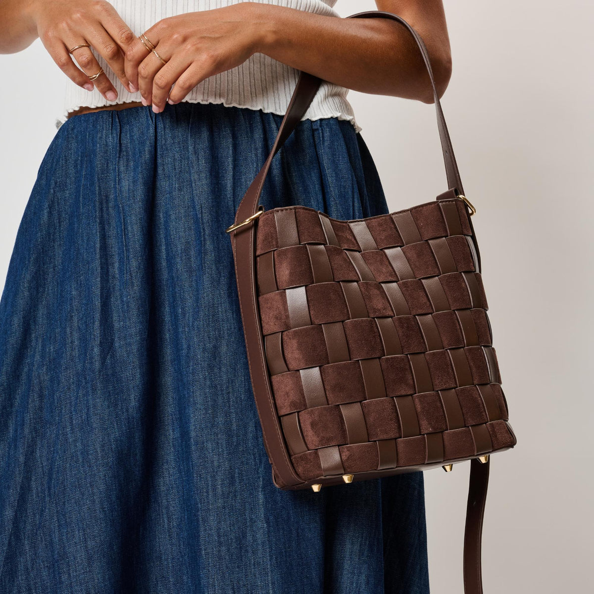 Woman wearing Chocolate Moda Luxe Naomi Bucket 842017142652 View 2 | Chocolate