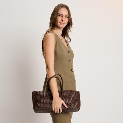 Woman wearing Chocolate Moda Luxe Nola Tote 842017140863 View 1 | Chocolate