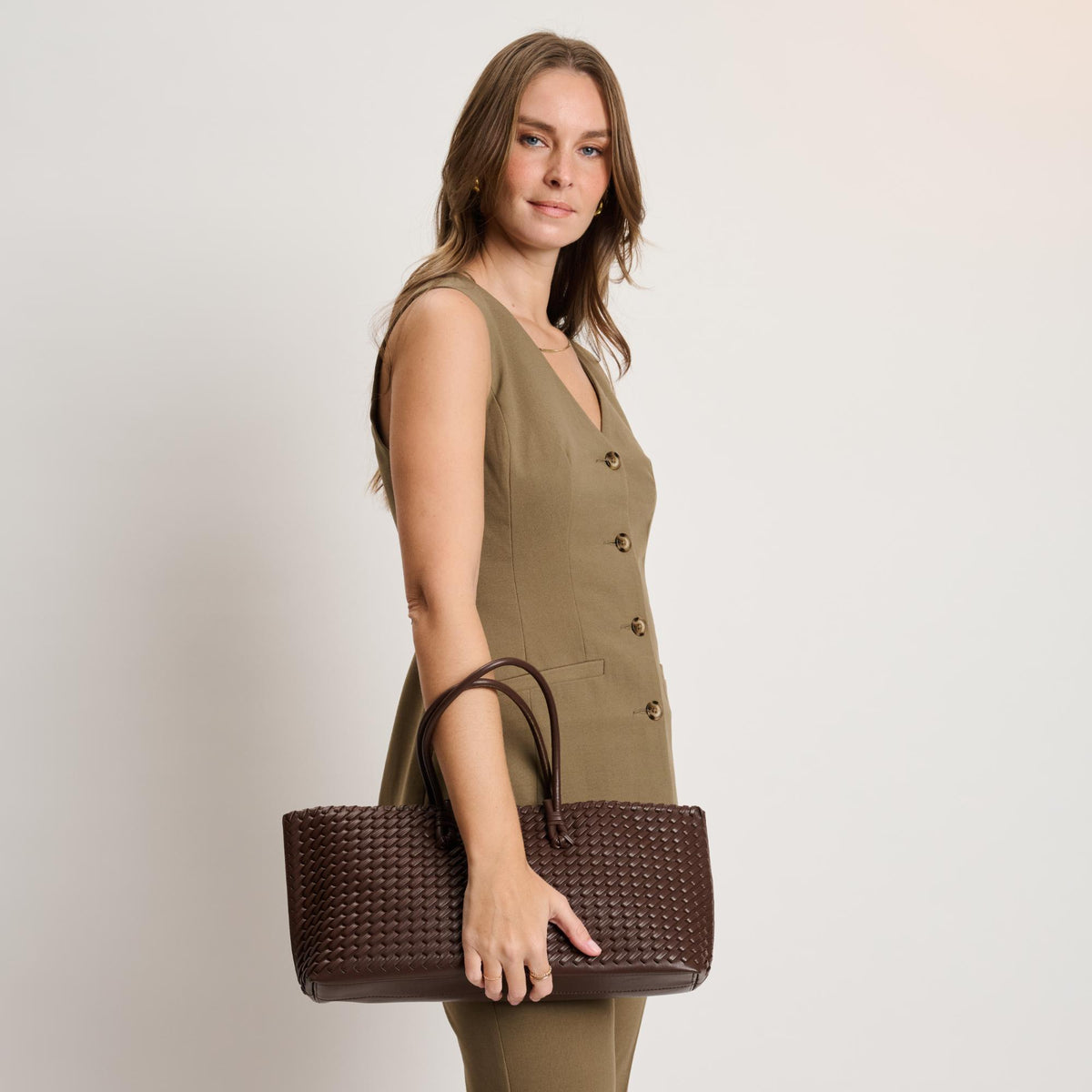 Woman wearing Chocolate Moda Luxe Nola Tote 842017140863 View 1 | Chocolate
