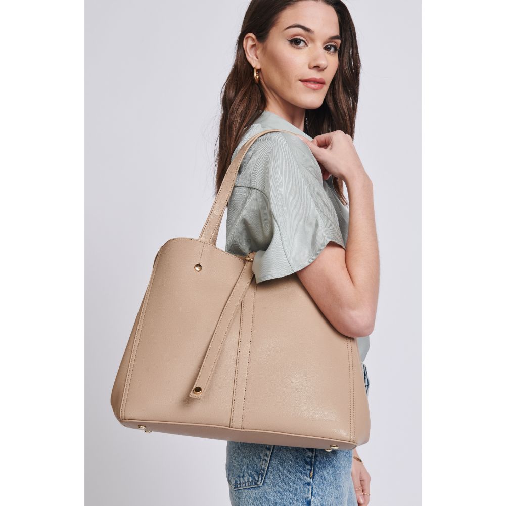 Woman wearing Natural Moda Luxe Josephine Satchel 842017116882 View 2 | Natural