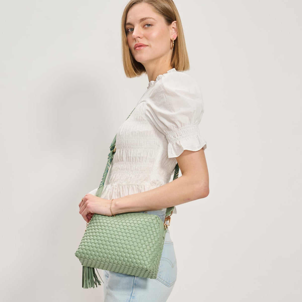 Woman wearing Sage Moda Luxe Roxana Crossbody 842017137443 View 2 | Sage