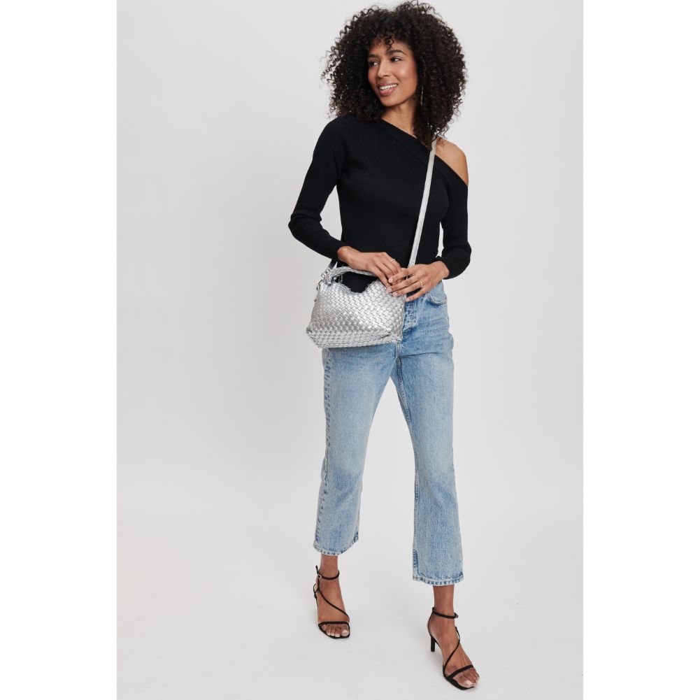 Woman wearing Silver Moda Luxe Jessamine Crossbody 842017132233 View 3 | Silver