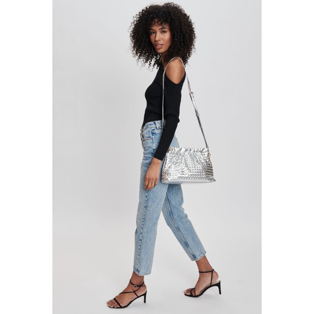 Woman wearing Silver Moda Luxe Katana Crossbody 842017132523 View 3 | Silver