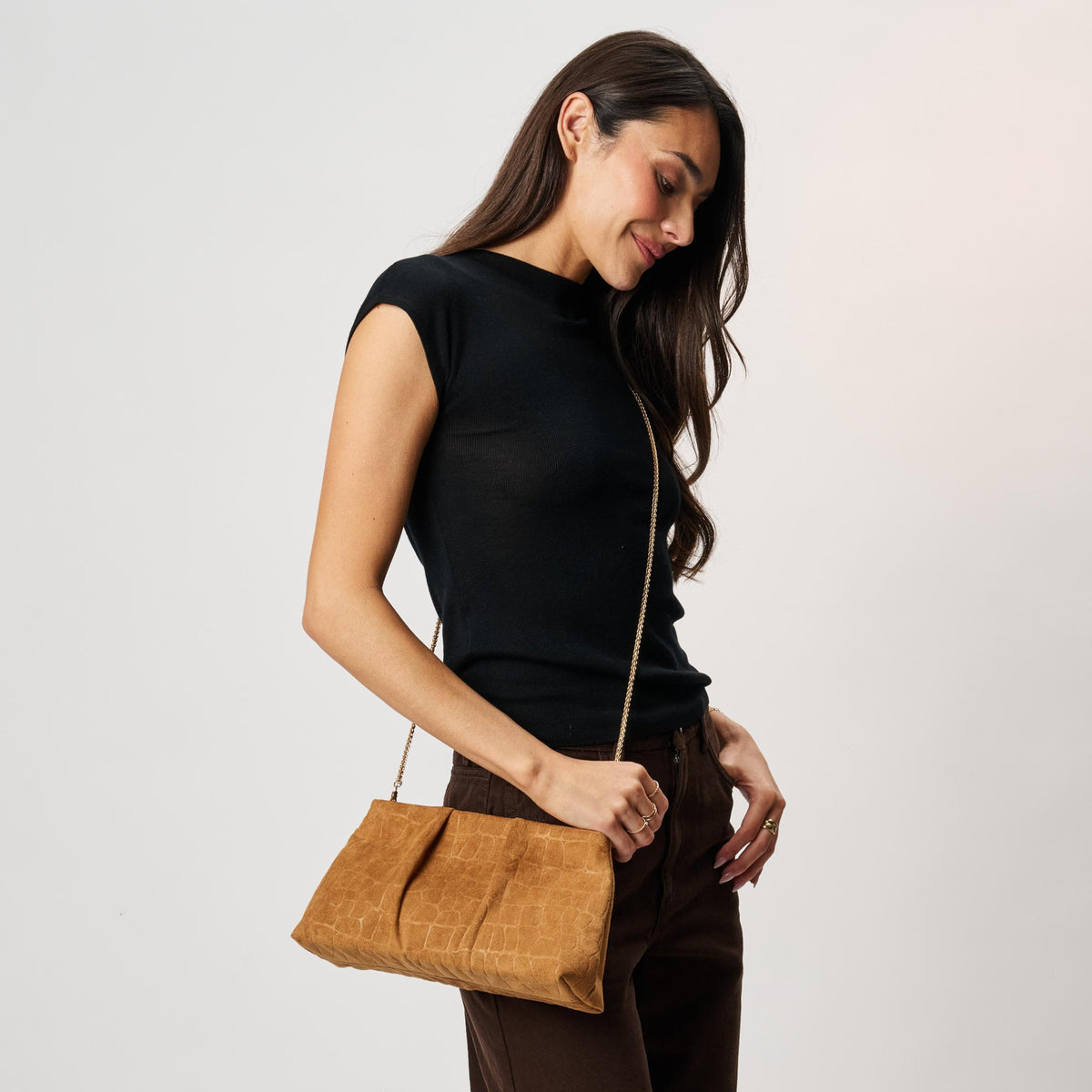 Woman wearing Tan Moda Luxe Elva Croco Clutch 842017142287 View 3 | Tan
