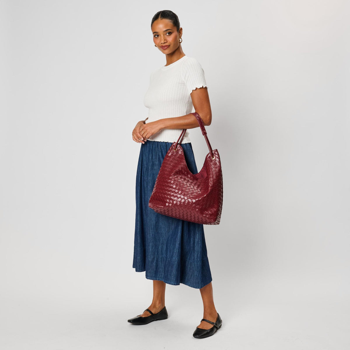 Woman wearing Burgundy Moda Luxe Ezia Hobo 842017142737 View 3 | Burgundy