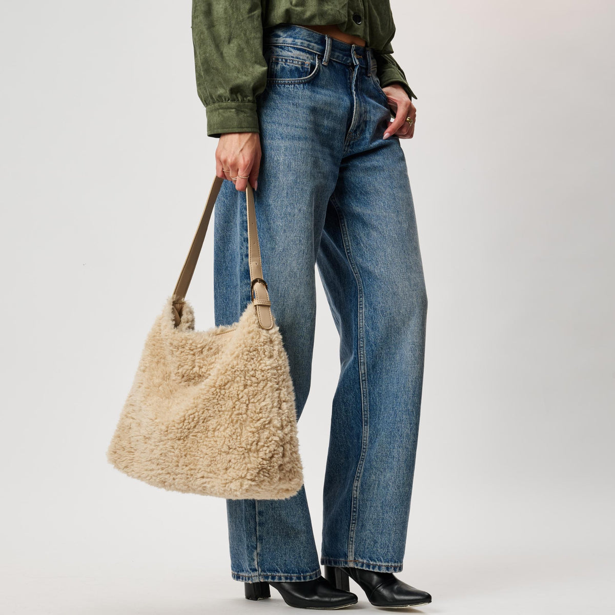 Woman wearing Cream Moda Luxe Neve Sherpa Tote 842017142454 View 3 | Cream