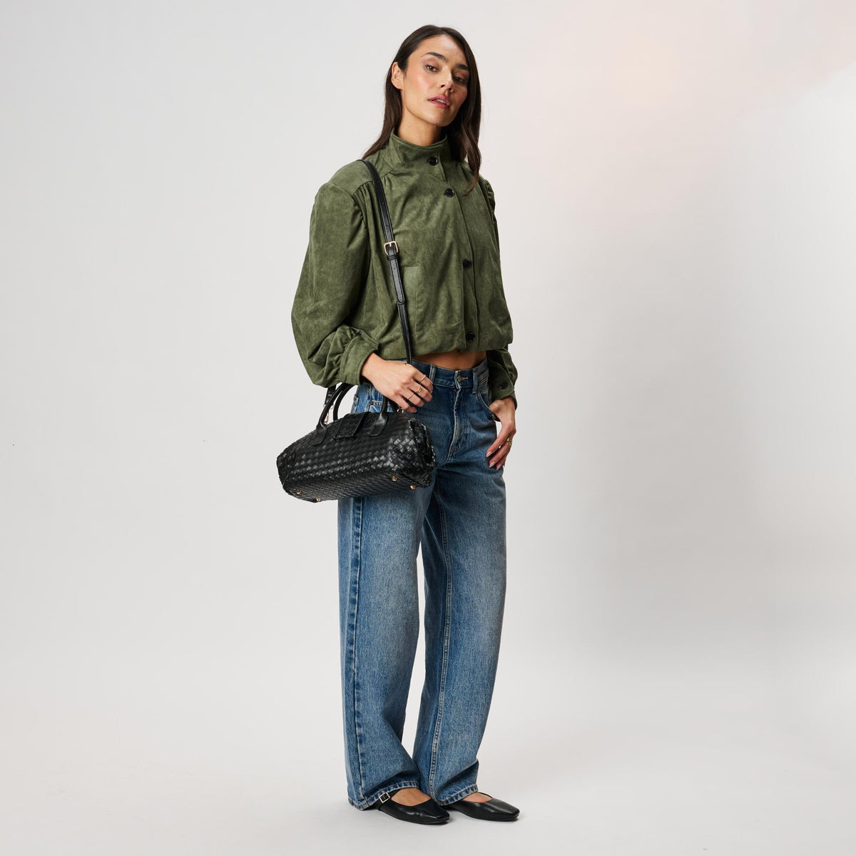Woman wearing Black Moda Luxe Brookhaven Satchel 842017142768 View 4 | Black