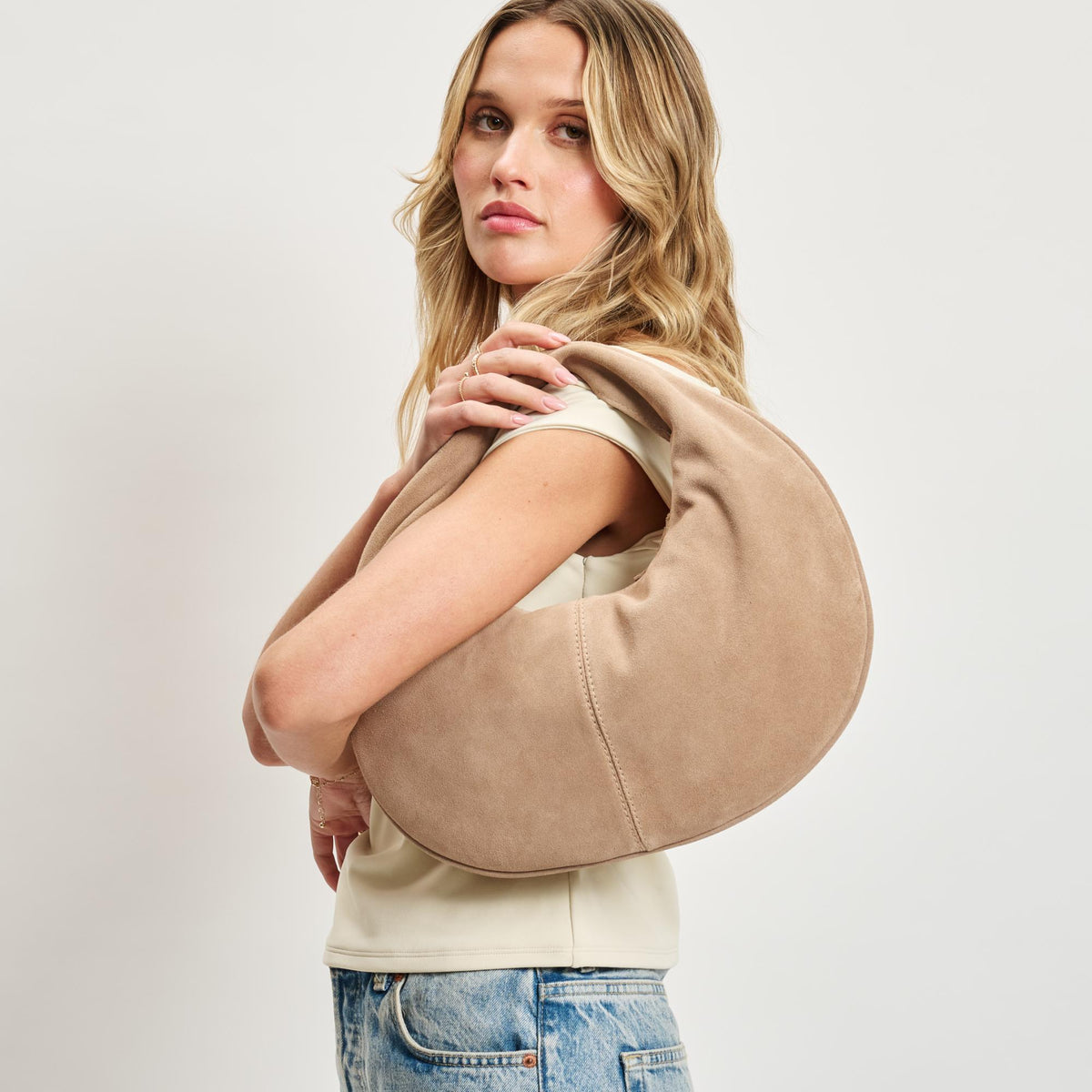 Woman wearing Natural Sol and Selene Farrah - Suede Hobo 842017138624 View 2 | Natural