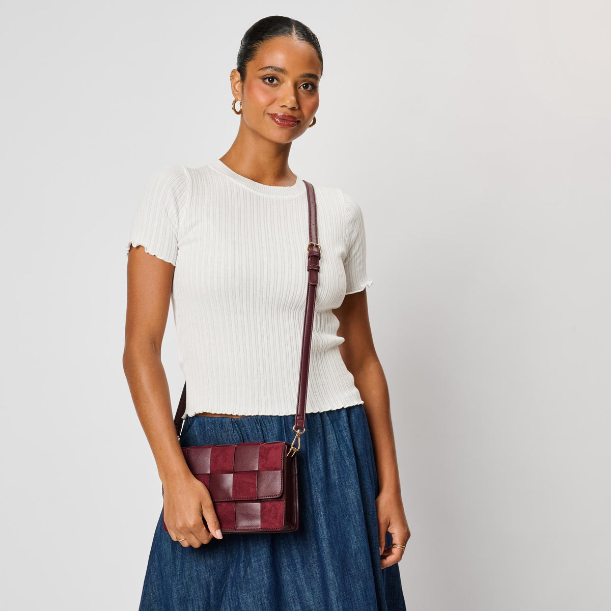Woman wearing Burgundy Moda Luxe Tanya Crossbody 842017142928 View 2 | Burgundy