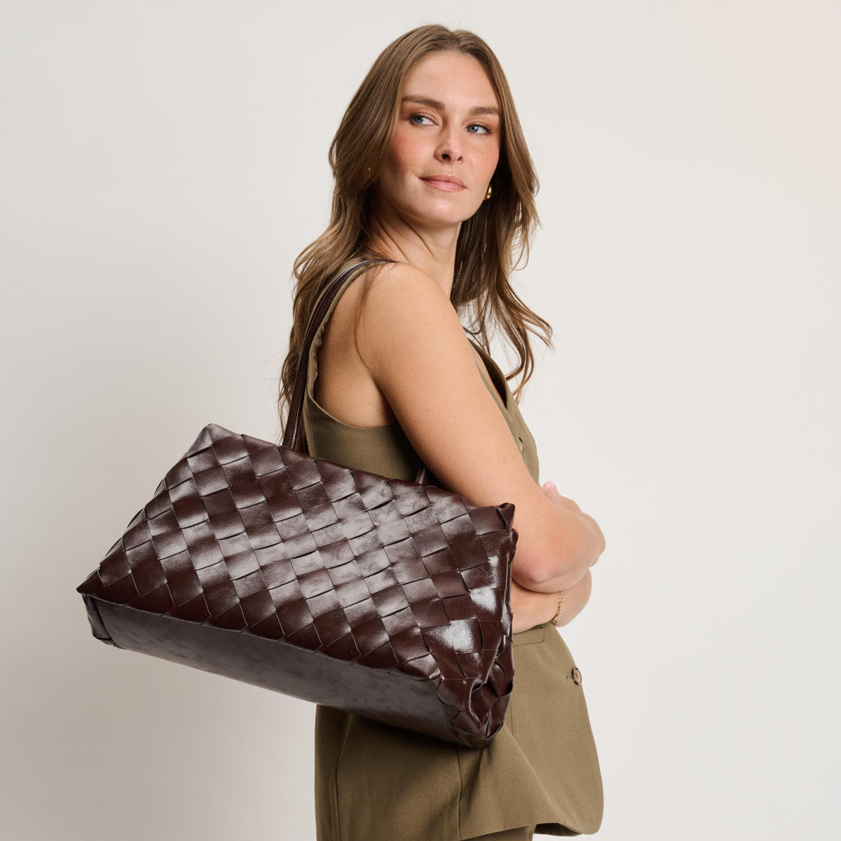 Woman wearing Espresso Moda Luxe Elsy Satchel 842017140948 View 4 | Espresso