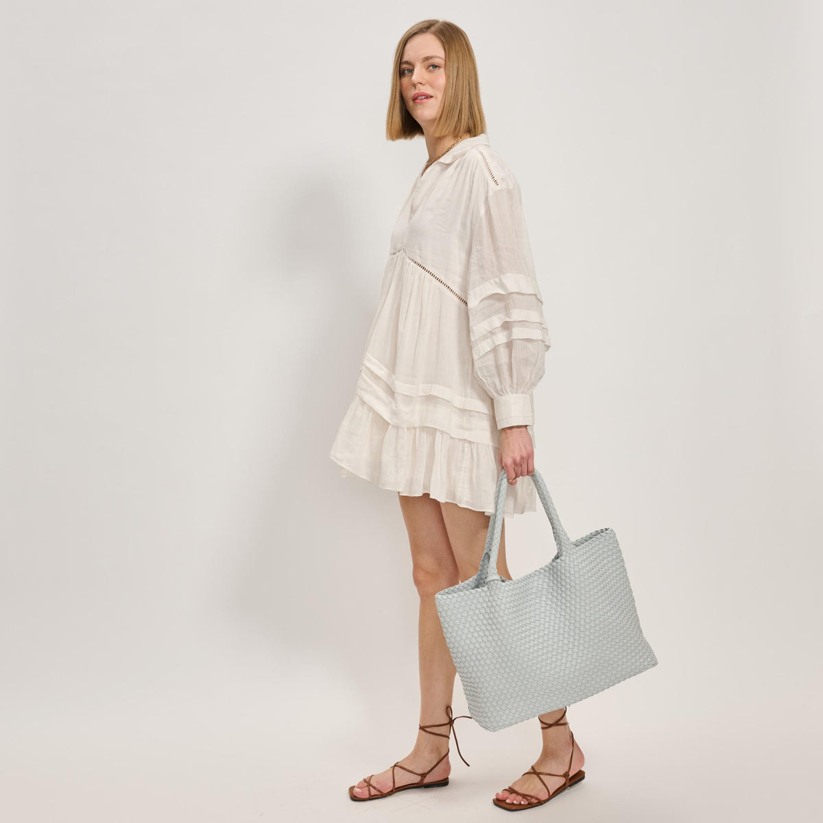 Woman wearing Ice Blue Moda Luxe Solana Tote 842017137221 View 4 | Ice Blue