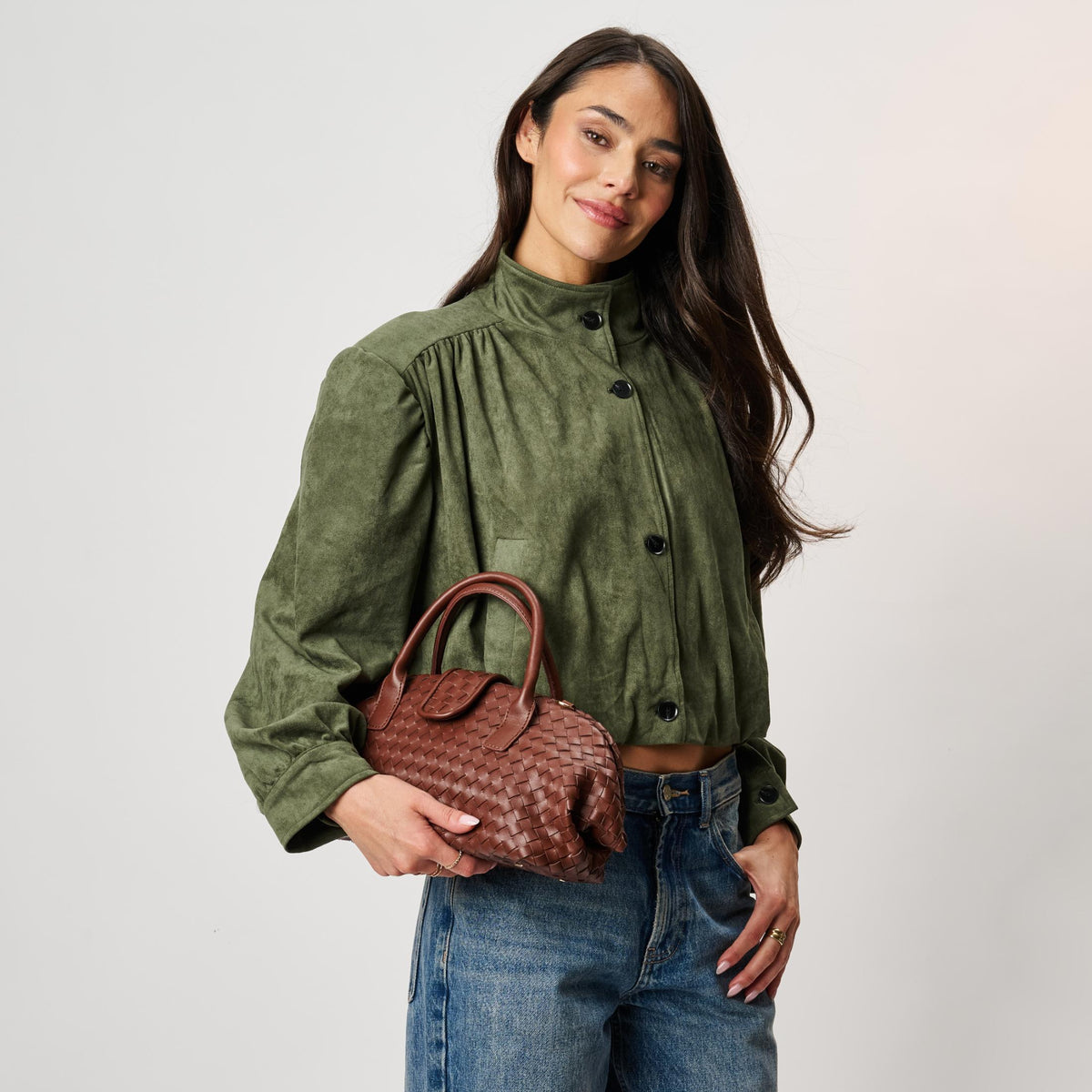 Woman wearing Chocolate Moda Luxe Brookhaven Satchel 842017142782 View 3 | Chocolate