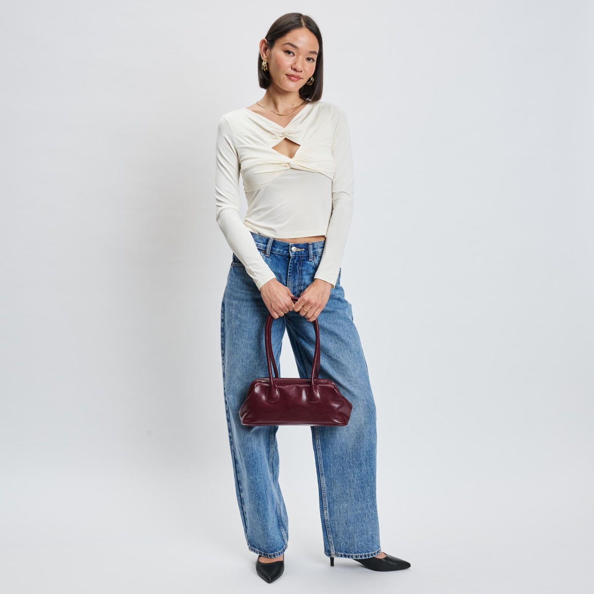 Woman wearing Wine Sol and Selene Nina Shoulder Bag 842017139584 View 3 | Wine