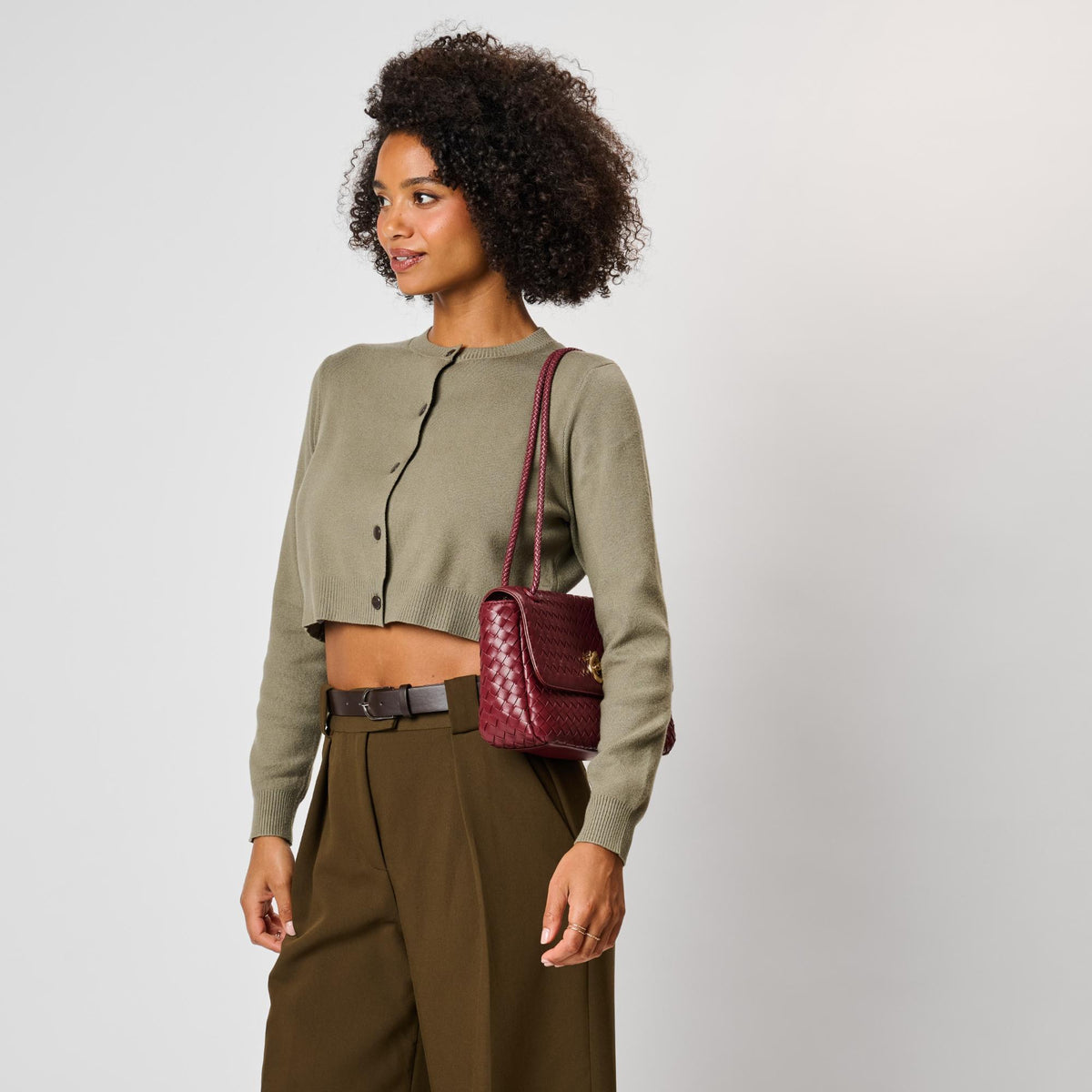Woman wearing Burgundy Moda Luxe Annabelle Shoulder Bag 842017143376 View 3 | Burgundy