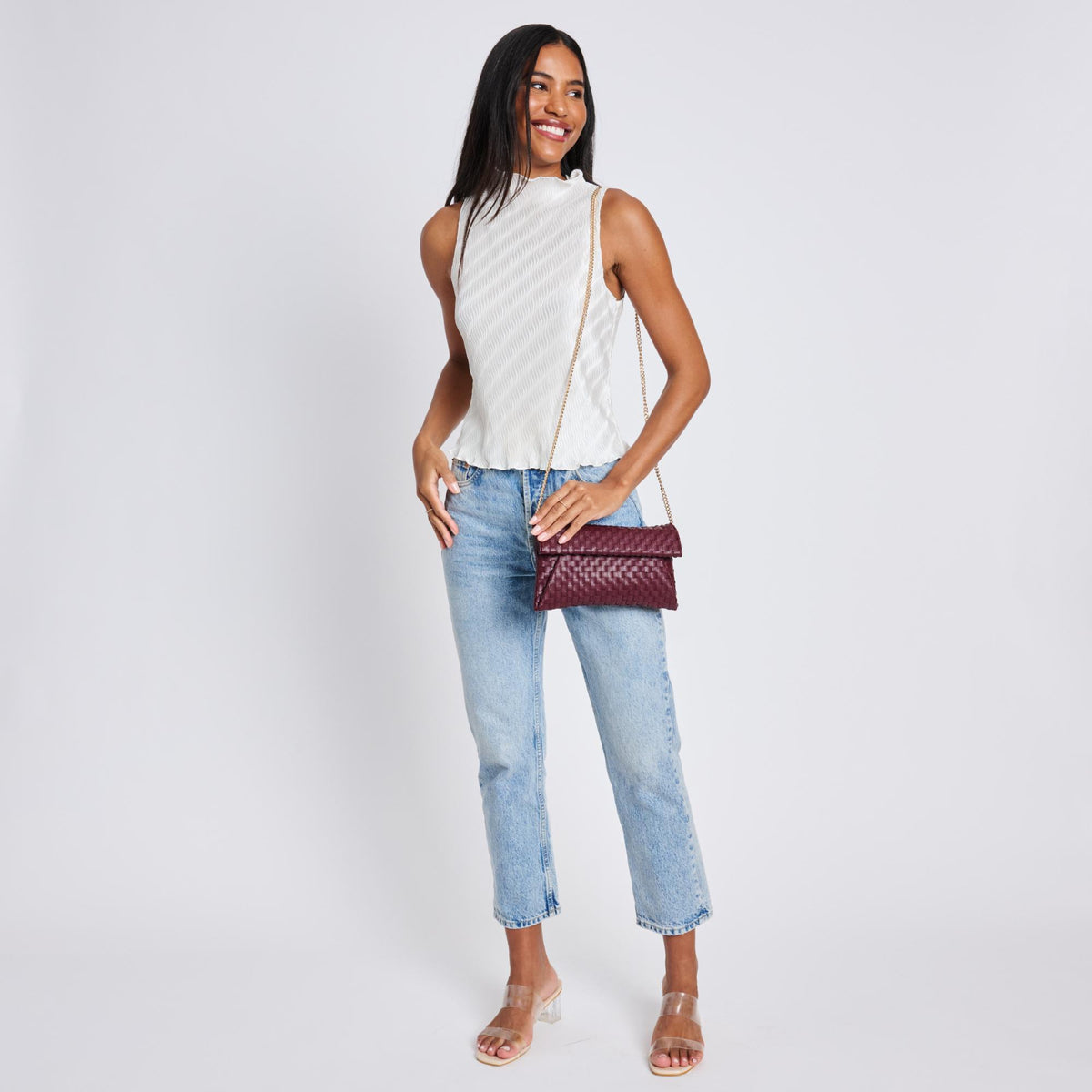 Woman wearing Wine Moda Luxe Priscilla Clutch 842017136583 View 2 | Wine