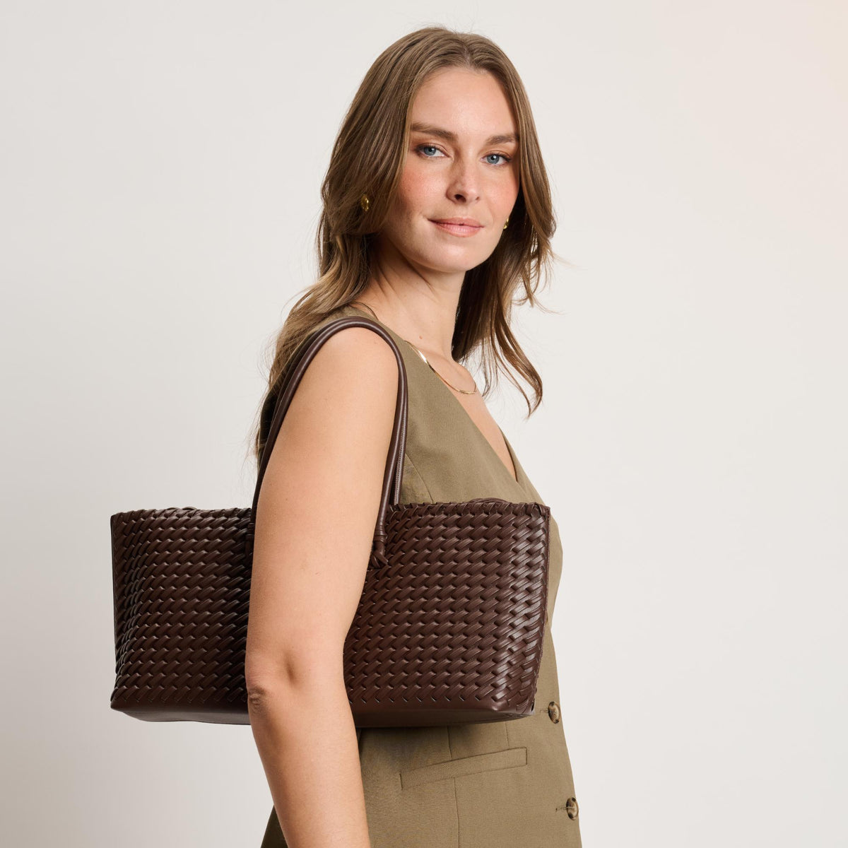 Woman wearing Chocolate Moda Luxe Nola Tote 842017140863 View 3 | Chocolate