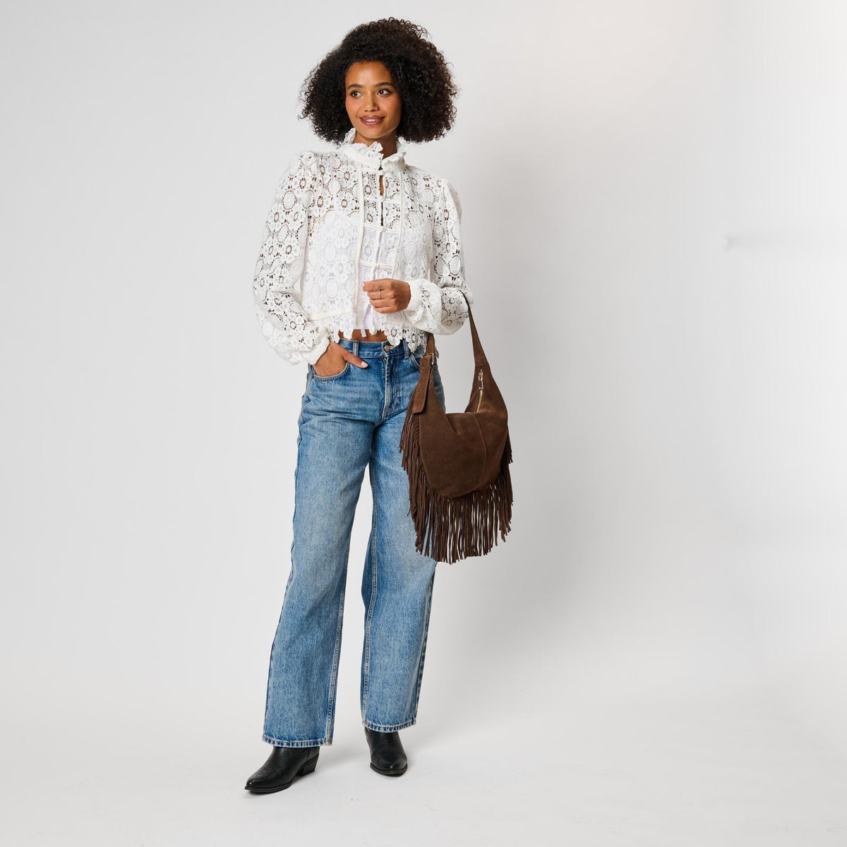 Woman wearing Chocolate Moda Luxe Reba Hobo 842017142362 View 4 | Chocolate