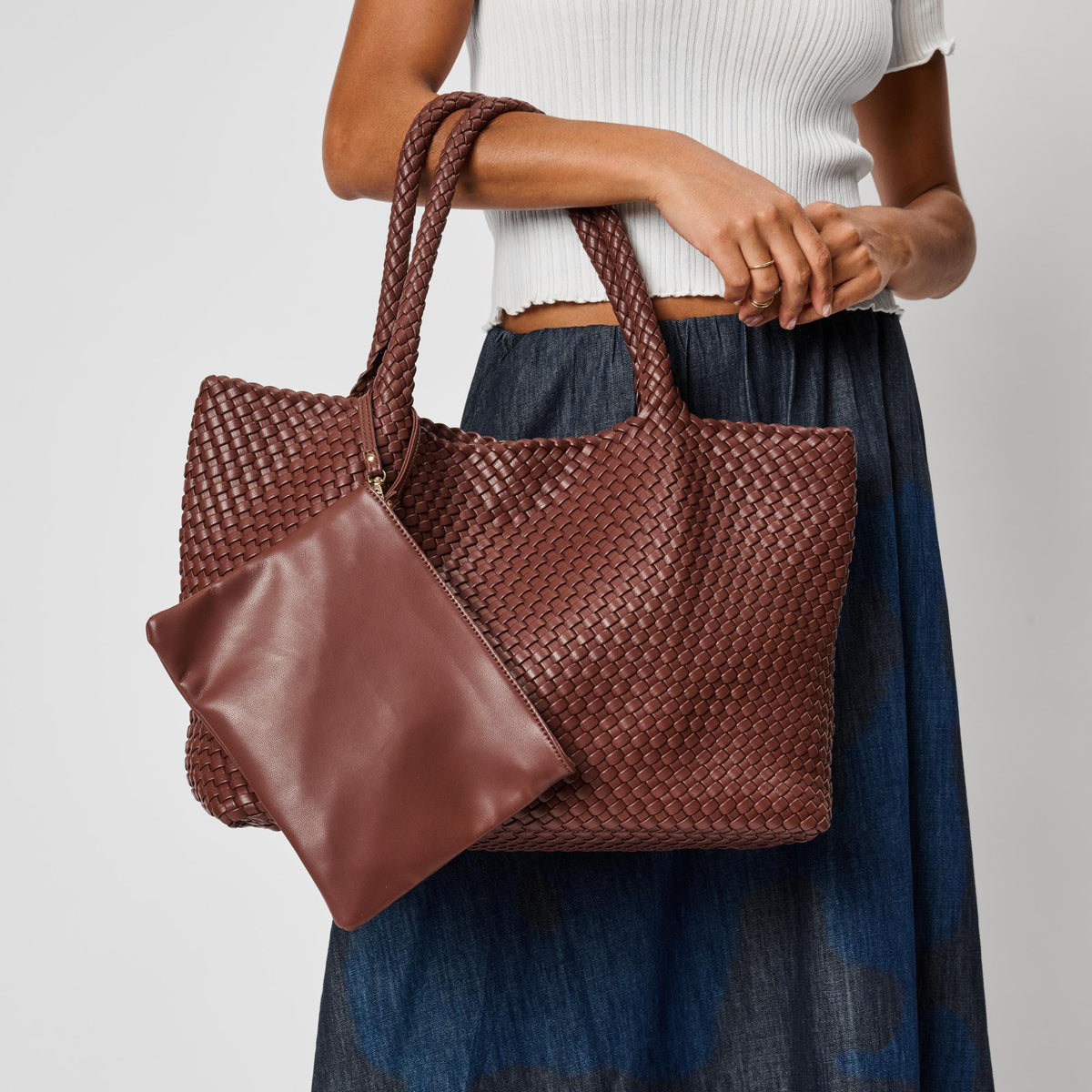 Woman wearing Chocolate Moda Luxe Solana Tote 842017142195 View 1 | Chocolate