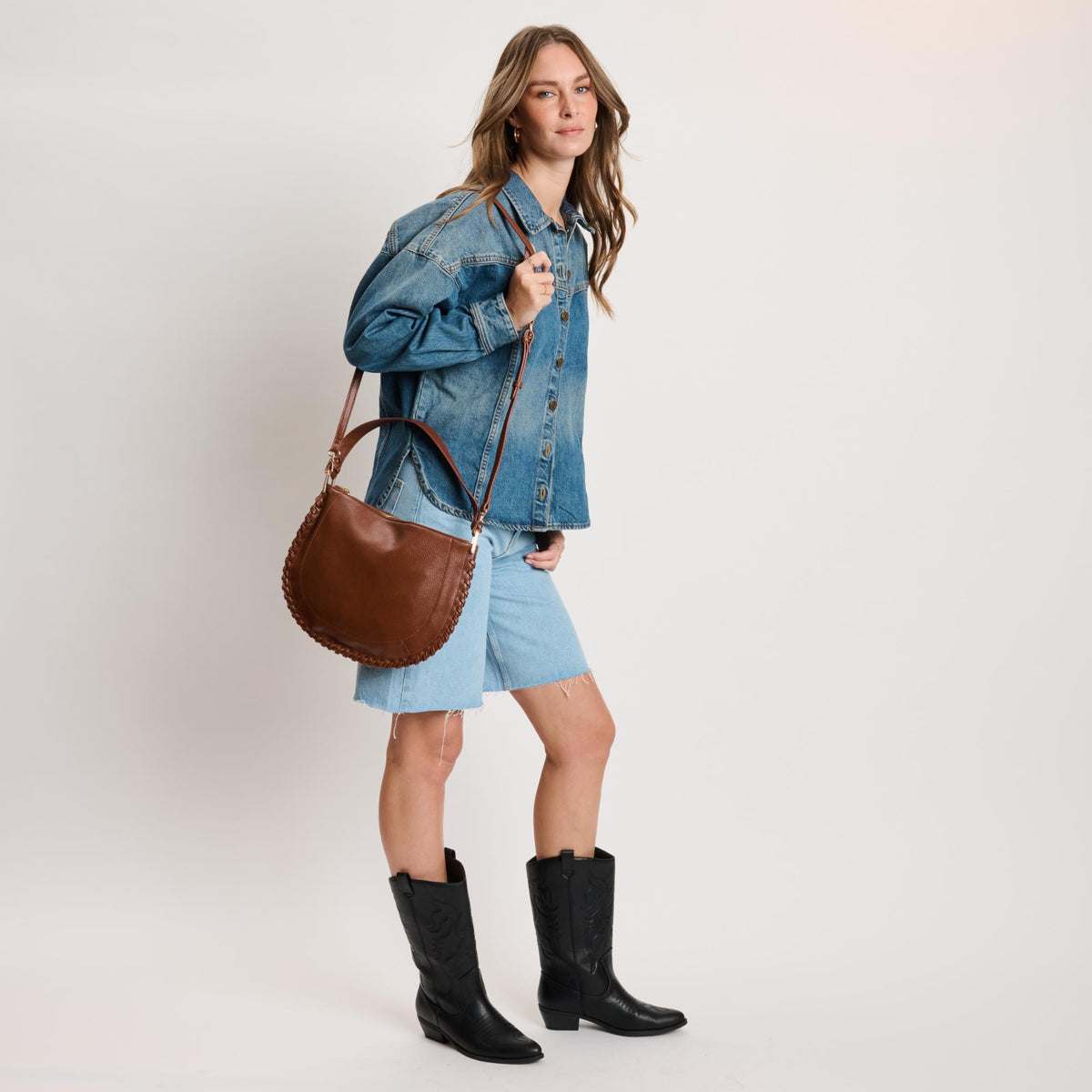 Woman wearing Chocolate Moda Luxe Lita Hobo 842017141082 View 2 | Chocolate