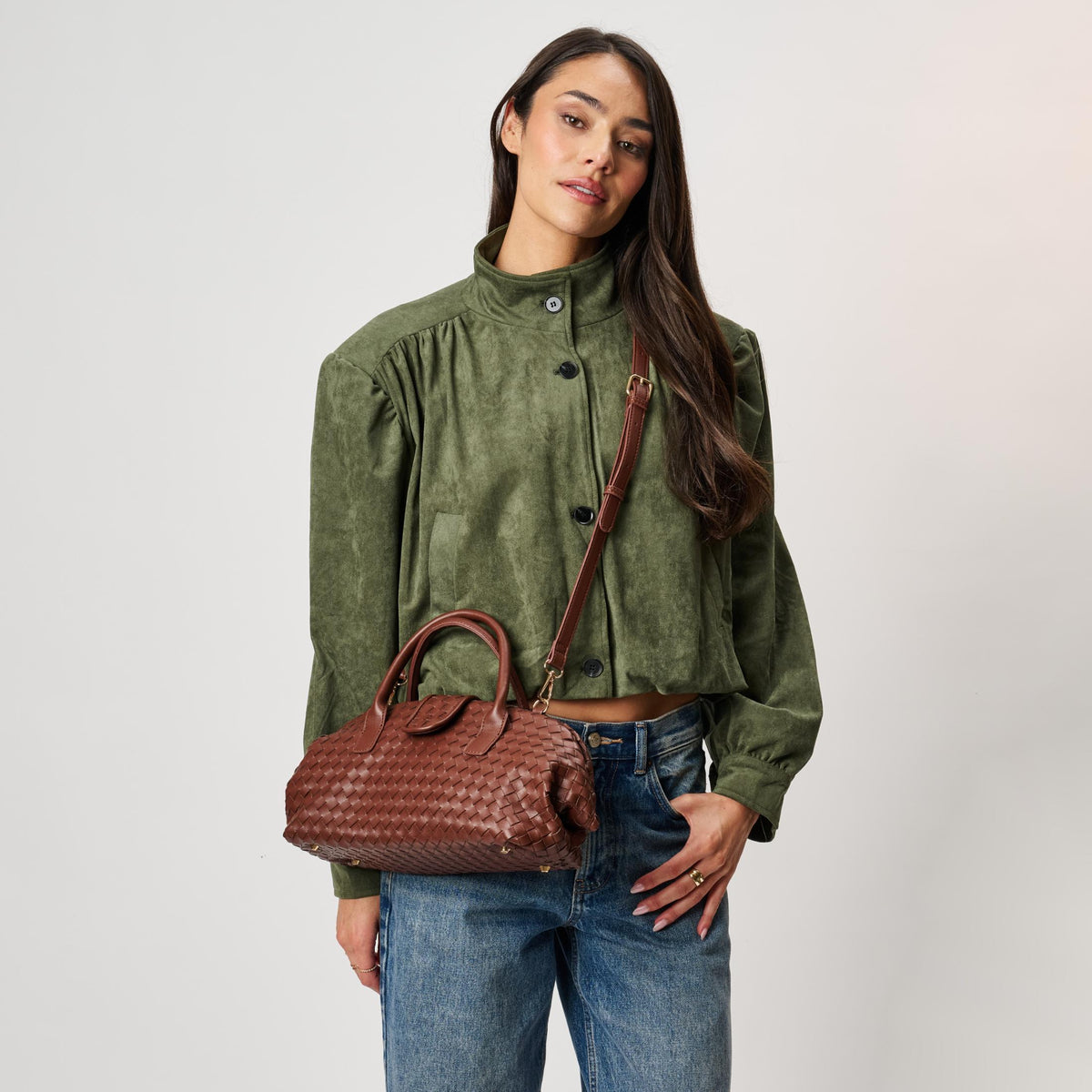 Woman wearing Chocolate Moda Luxe Brookhaven Satchel 842017142782 View 1 | Chocolate