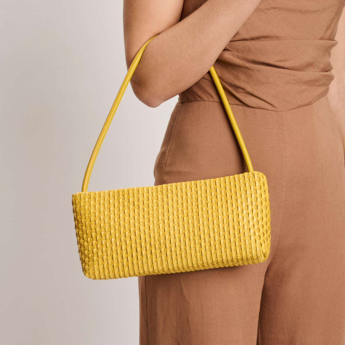 Woman wearing Mustard Moda Luxe Lucy Shoulder Bag 842017140375 View 1 | Mustard