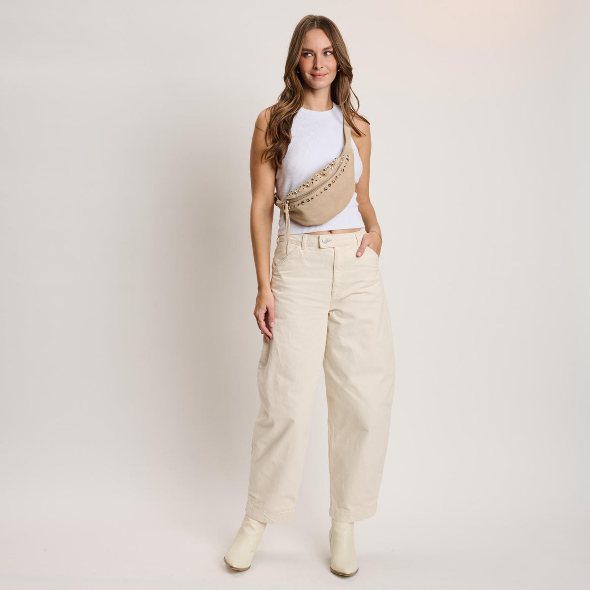 Woman wearing Natural Moda Luxe Star Belt Bag 842017140627 View 2 | Natural