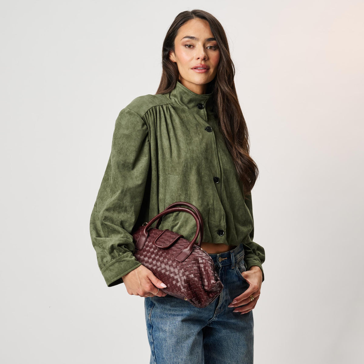 Woman wearing Burgundy Moda Luxe Brookhaven Satchel 842017142775 View 3 | Burgundy