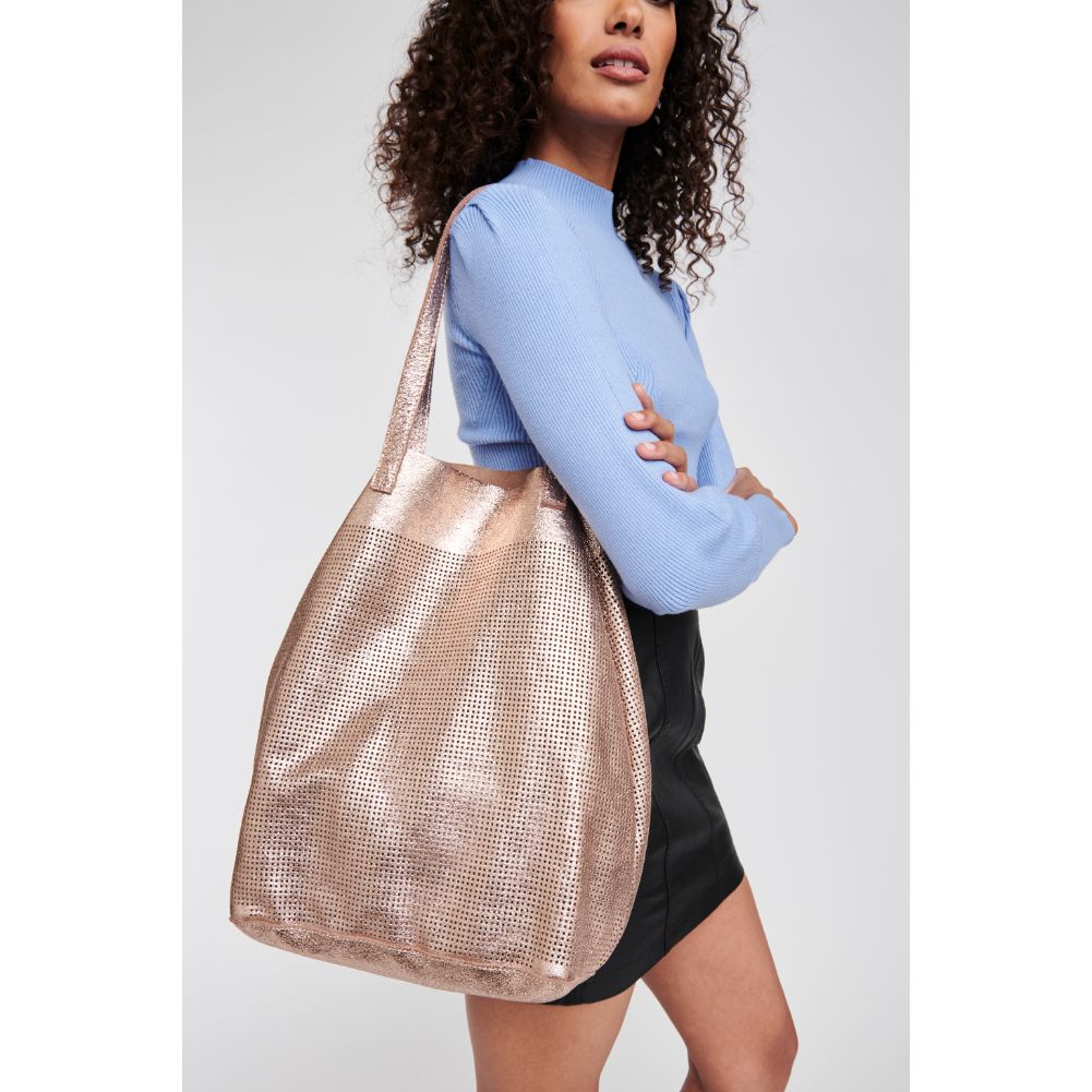 Woman wearing Rose Gold Moda Luxe Stella Tote 842017108405 View 1 | Rose Gold