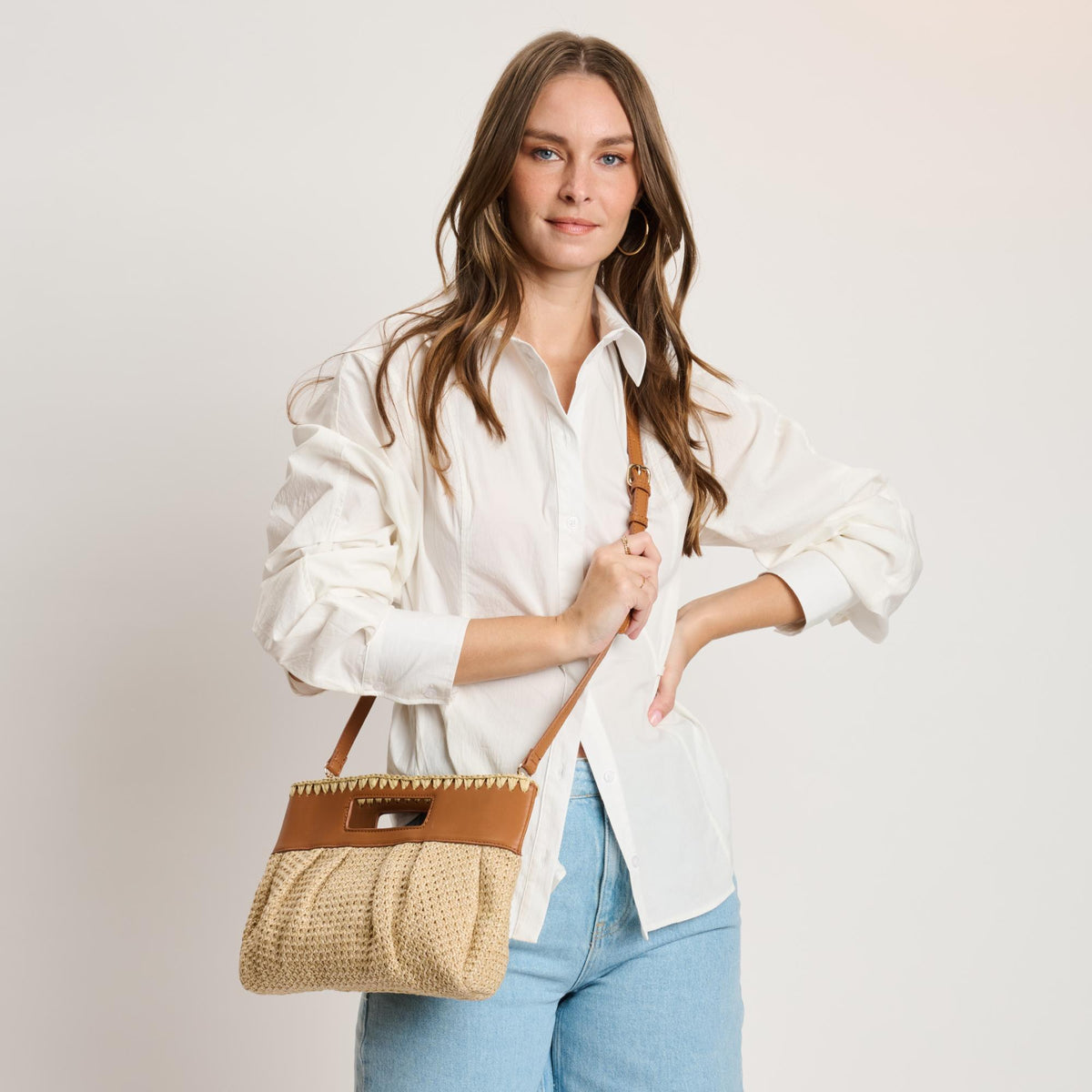 Woman wearing Natural Tan Moda Luxe Valentina Crossbody 842017141181 View 2 | Natural Tan
