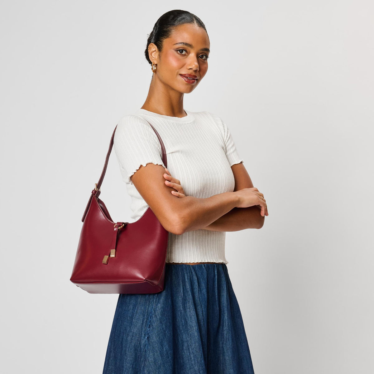 Woman wearing Burgundy Moda Luxe Blair Shoulder Bag 842017143222 View 3 | Burgundy